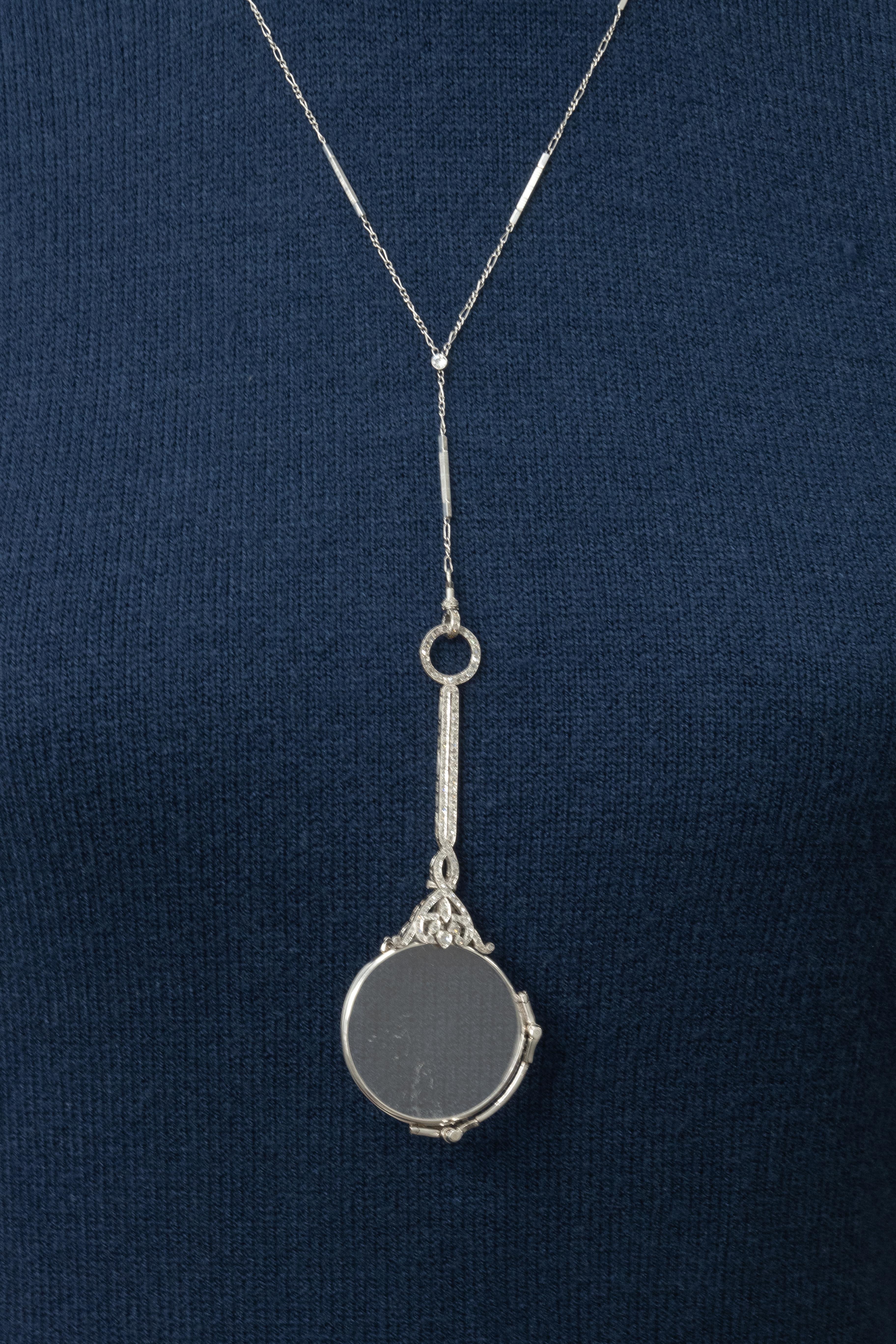 French Art Deco Platinum Diamond Lorgnette Pendant Necklace c. 1920s For Sale 11