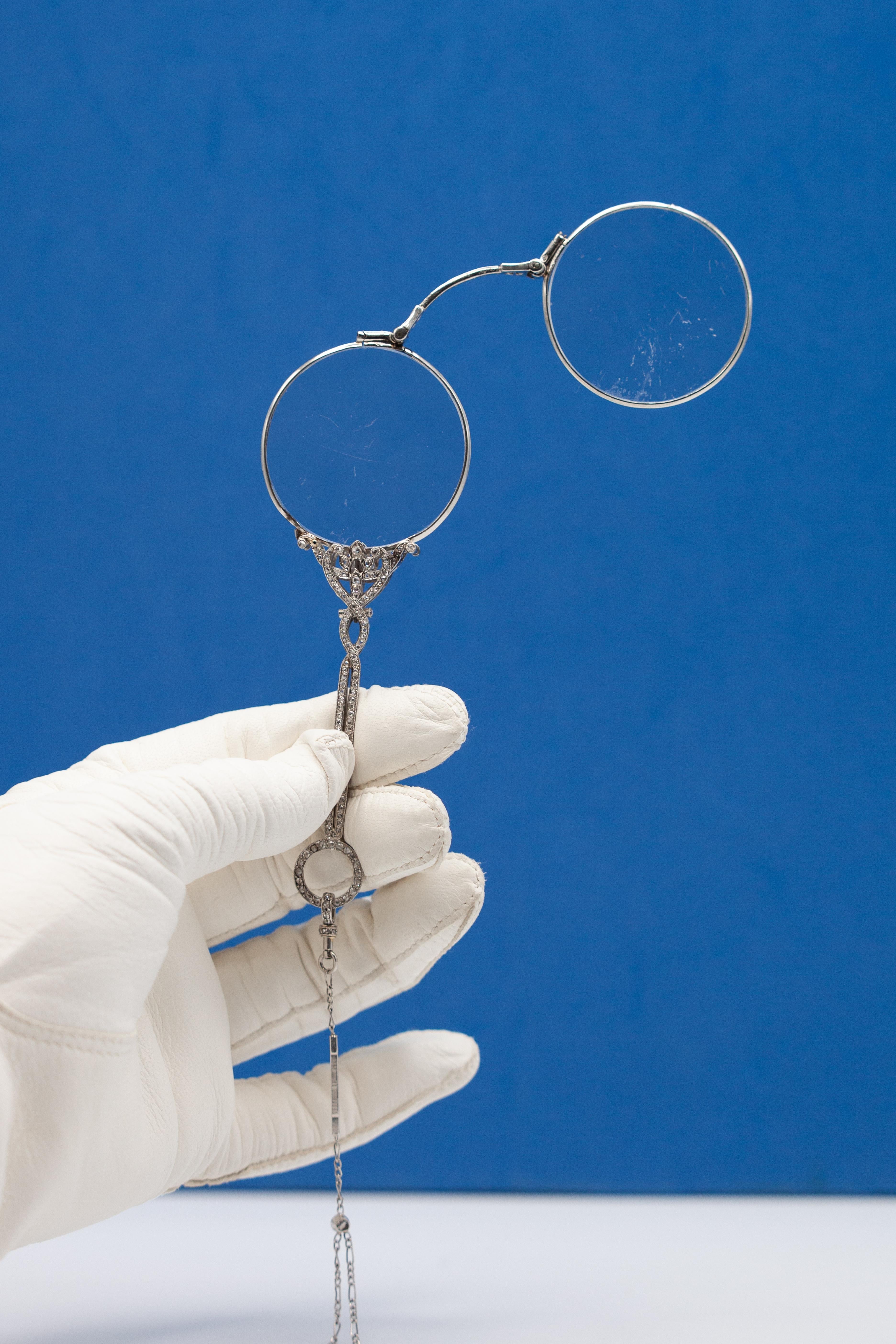 Rose Cut French Art Deco Platinum Diamond Lorgnette Pendant Necklace c. 1920s For Sale