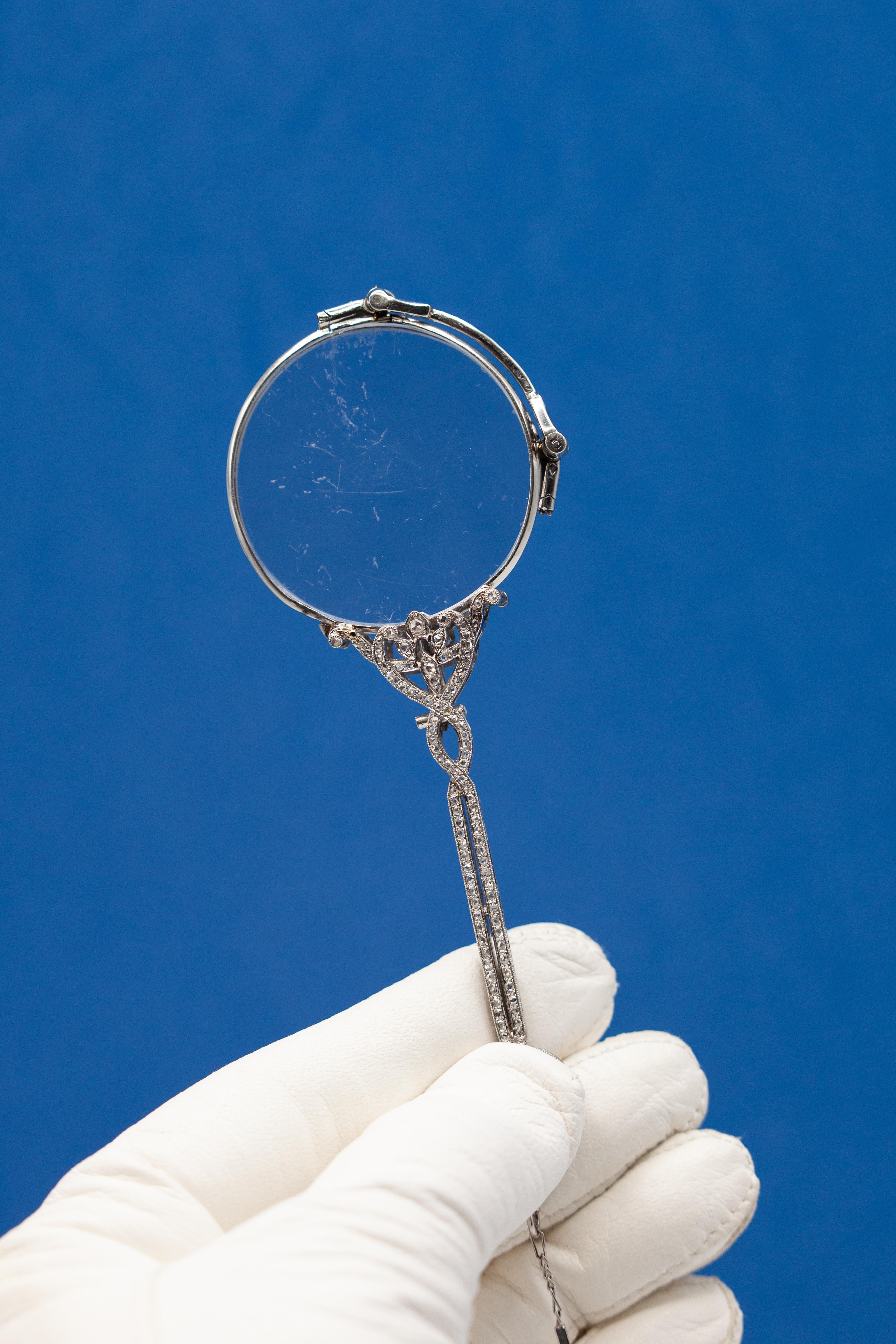 Women's or Men's French Art Deco Platinum Diamond Lorgnette Pendant Necklace c. 1920s For Sale