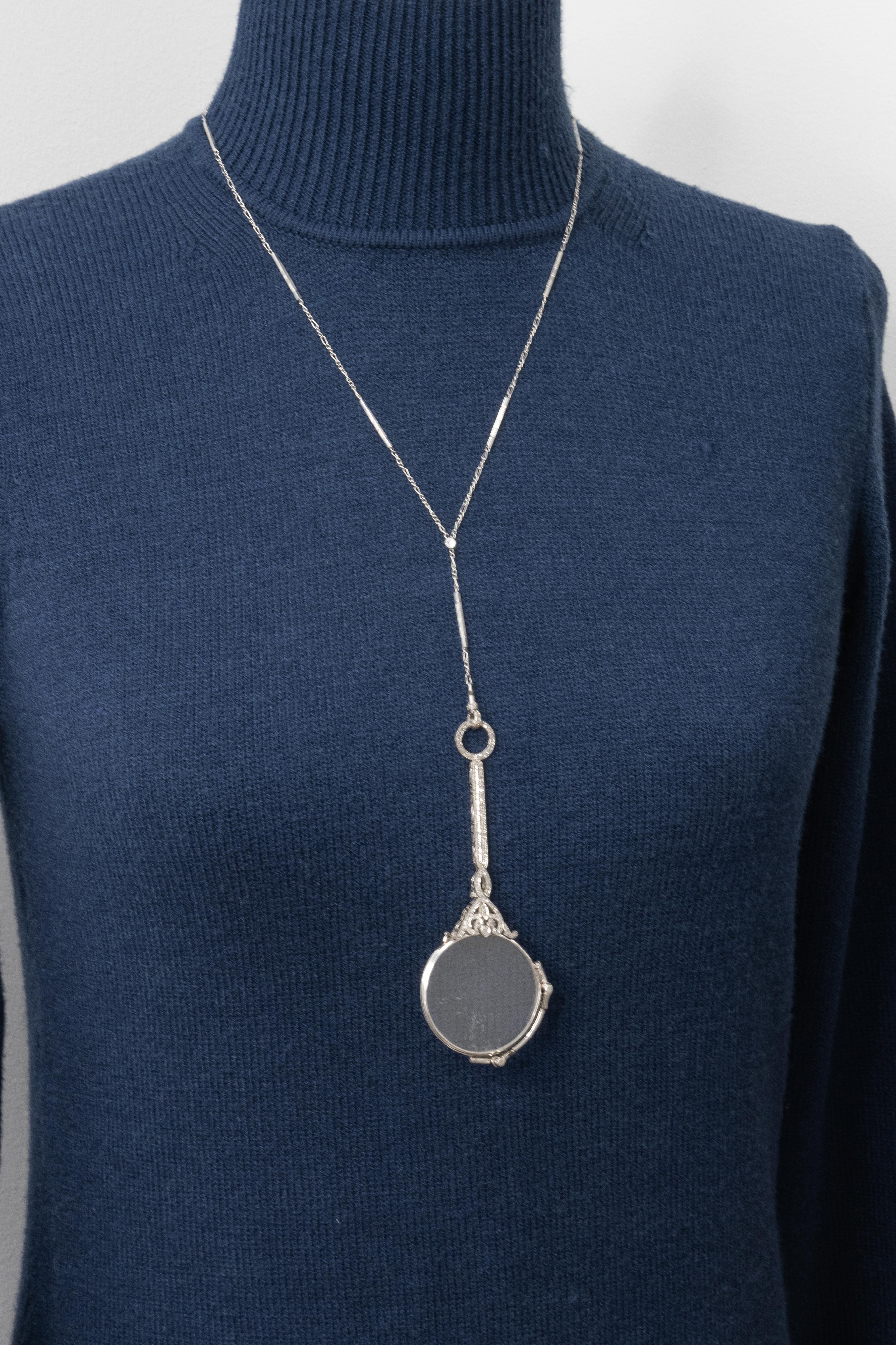 French Art Deco Platinum Diamond Lorgnette Pendant Necklace c. 1920s For Sale 1