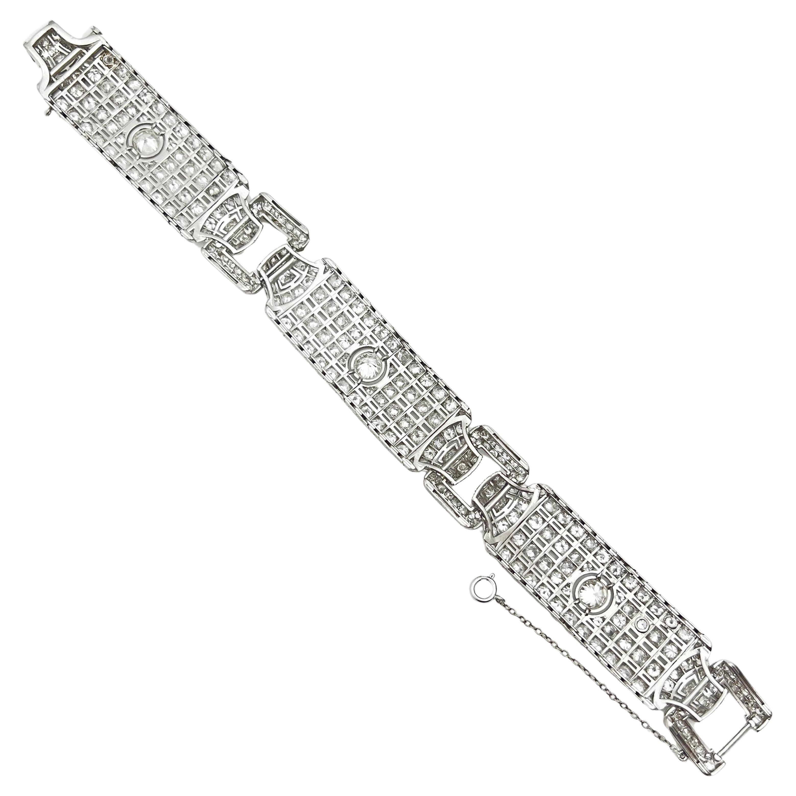 Women's French Art Deco Platinum Diamond Panel Link Bracelet