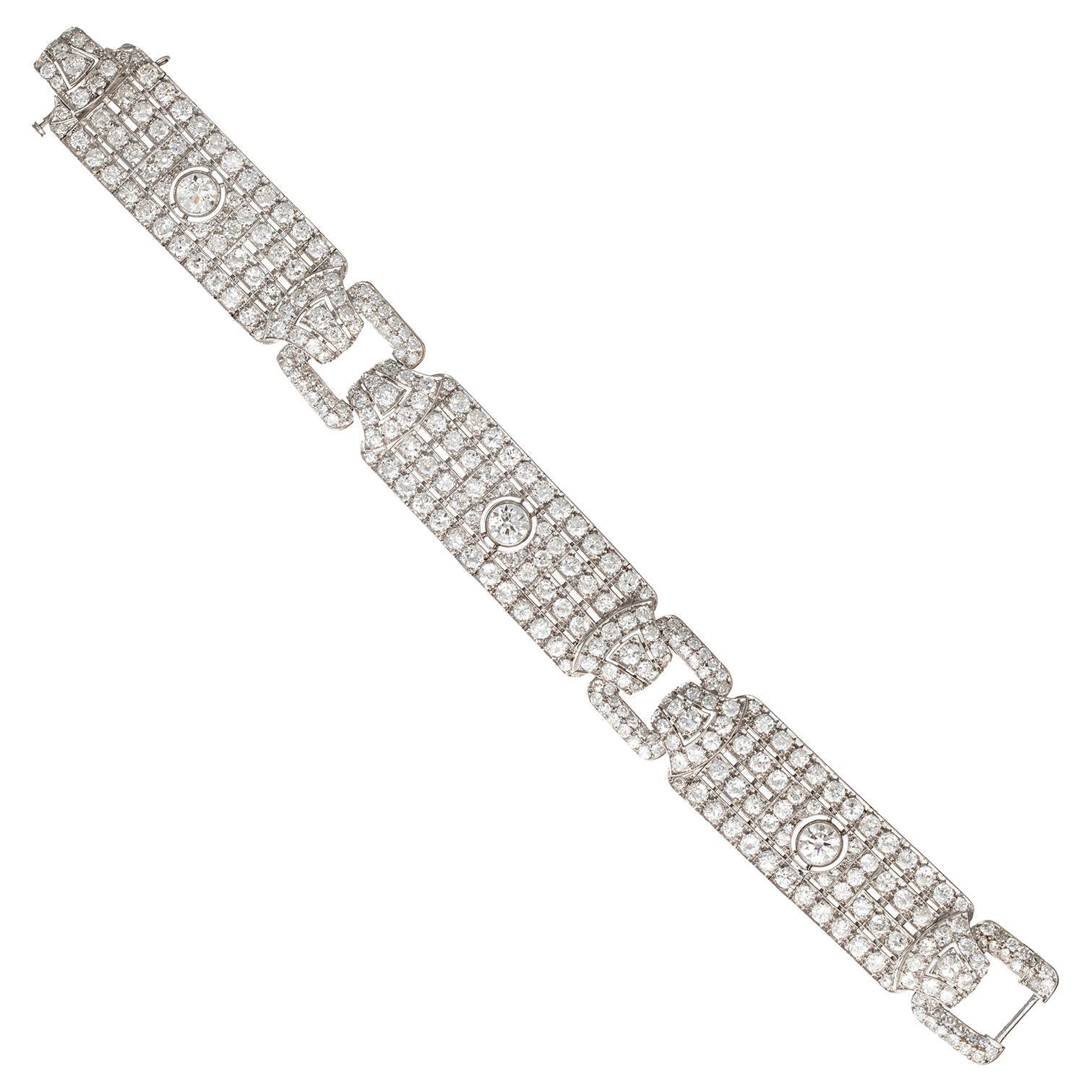 French Art Deco Platinum Diamond Panel Link Bracelet