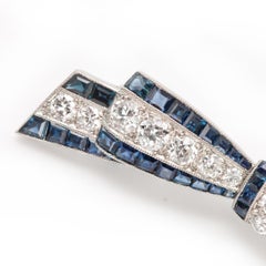 French Art Deco Platinum European Diamond & Sapphire Bow Pin Brooch