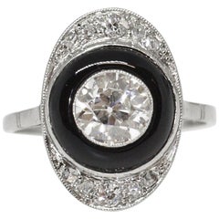 French Art Deco Platinum Onyx and Diamond Ring