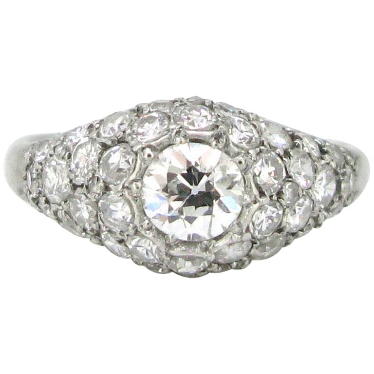French Art Deco Platinum Pavé Diamonds Engagement Wedding Ring