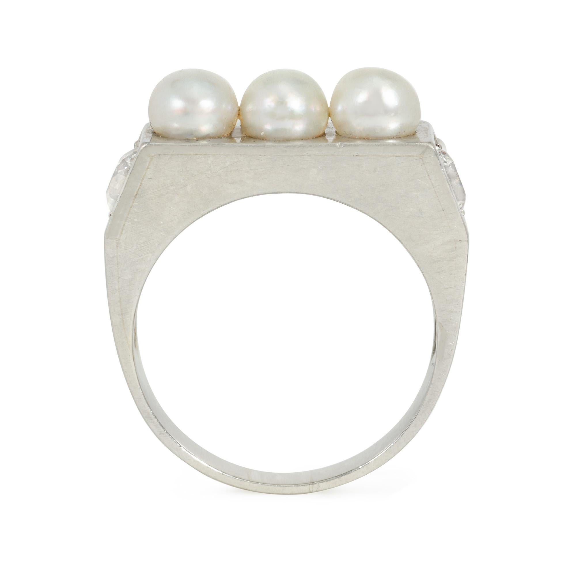 Round Cut French Art Deco Platinum, Pearl, and Diamond Geometric Band-Style Ring For Sale