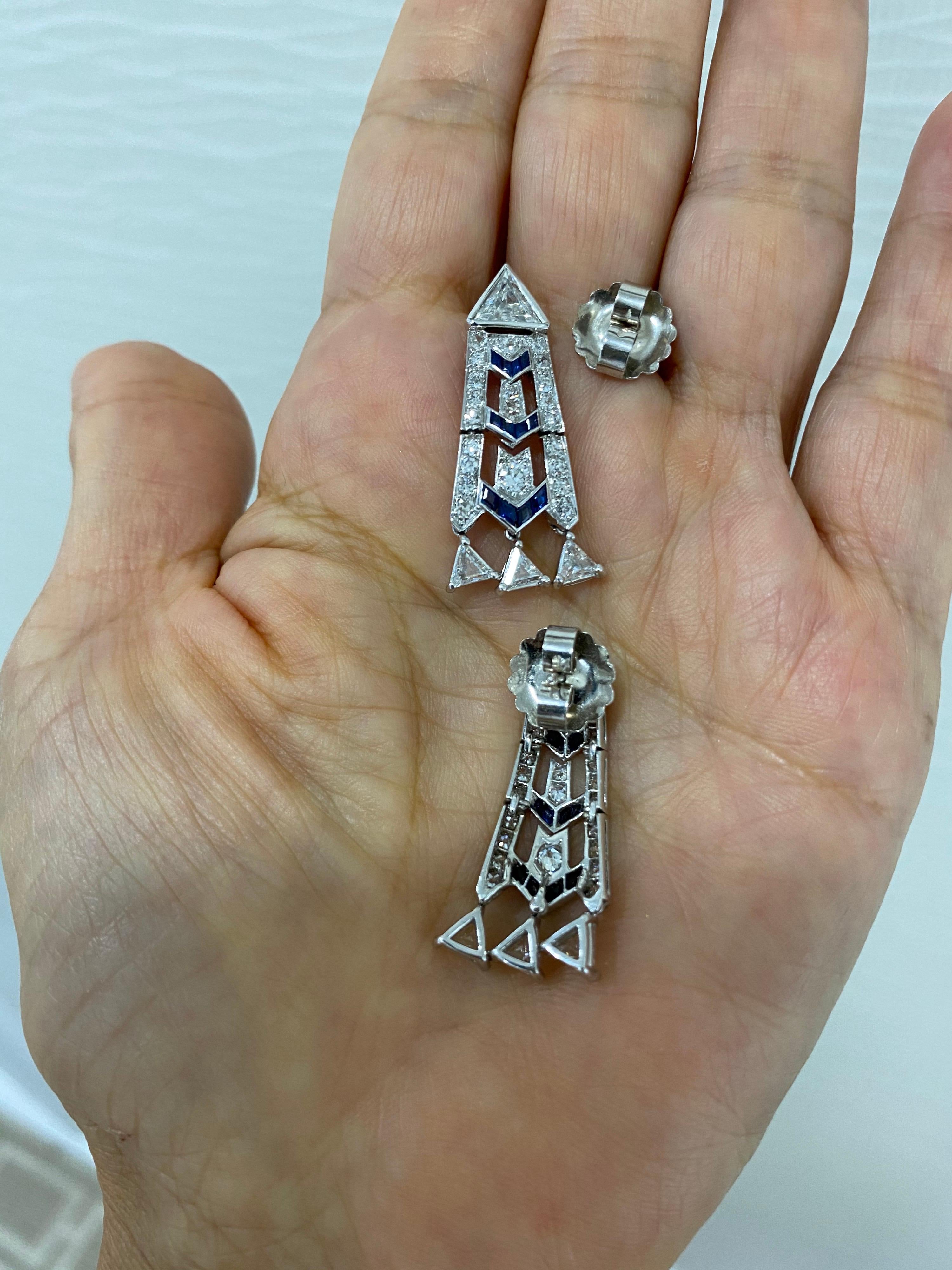 Women's or Men's French Art Deco Style Platinum Diamond Sapphire Dangling Earrings