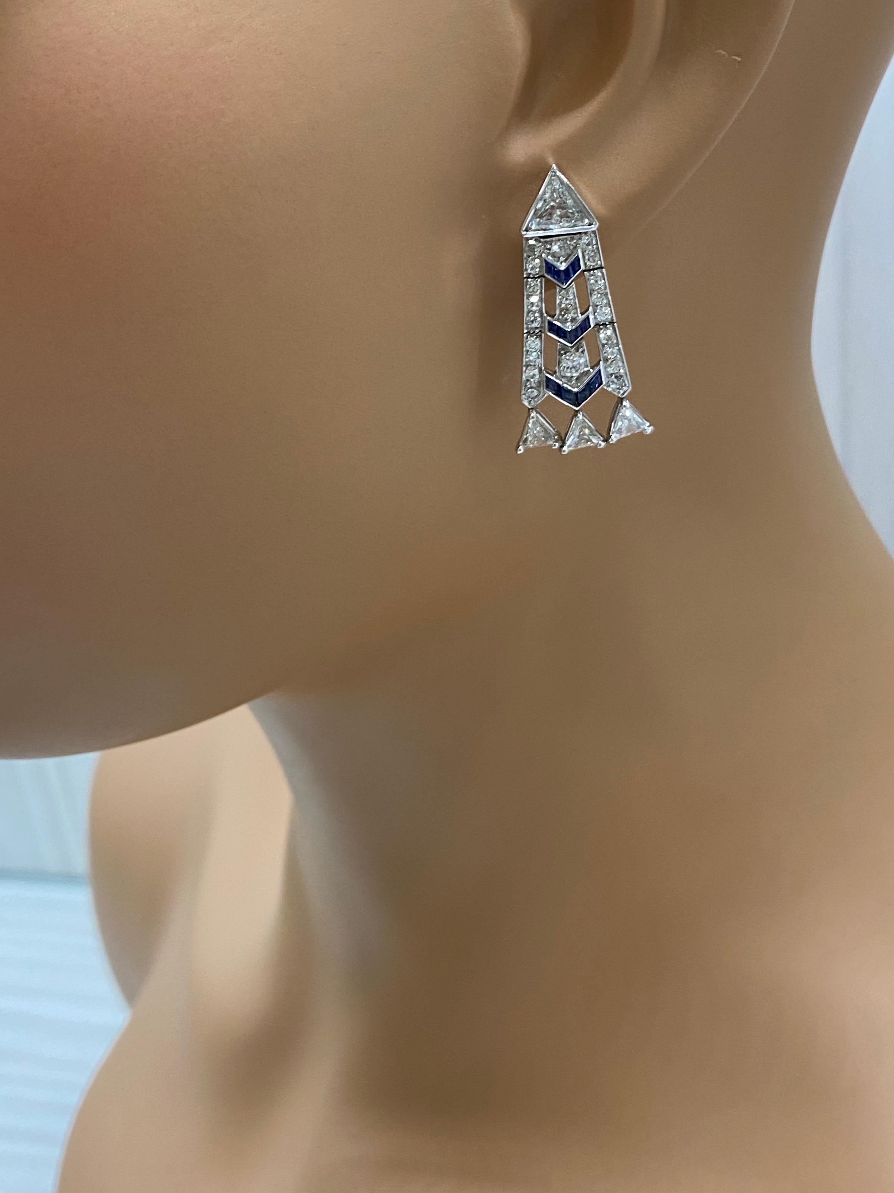 French Art Deco Style Platinum Diamond Sapphire Dangling Earrings 1