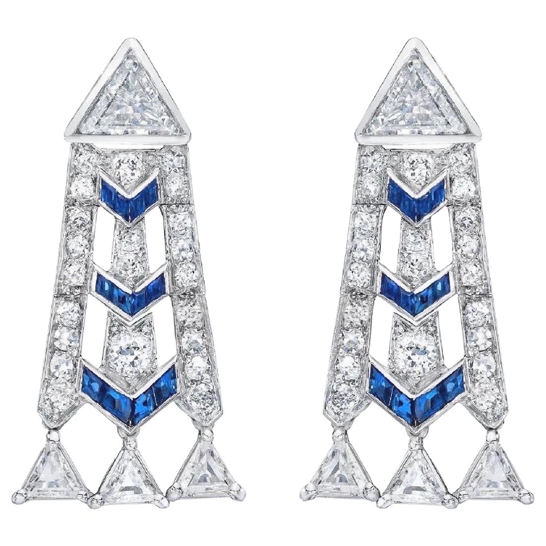 French Art Deco Style Platinum Diamond Sapphire Dangling Earrings