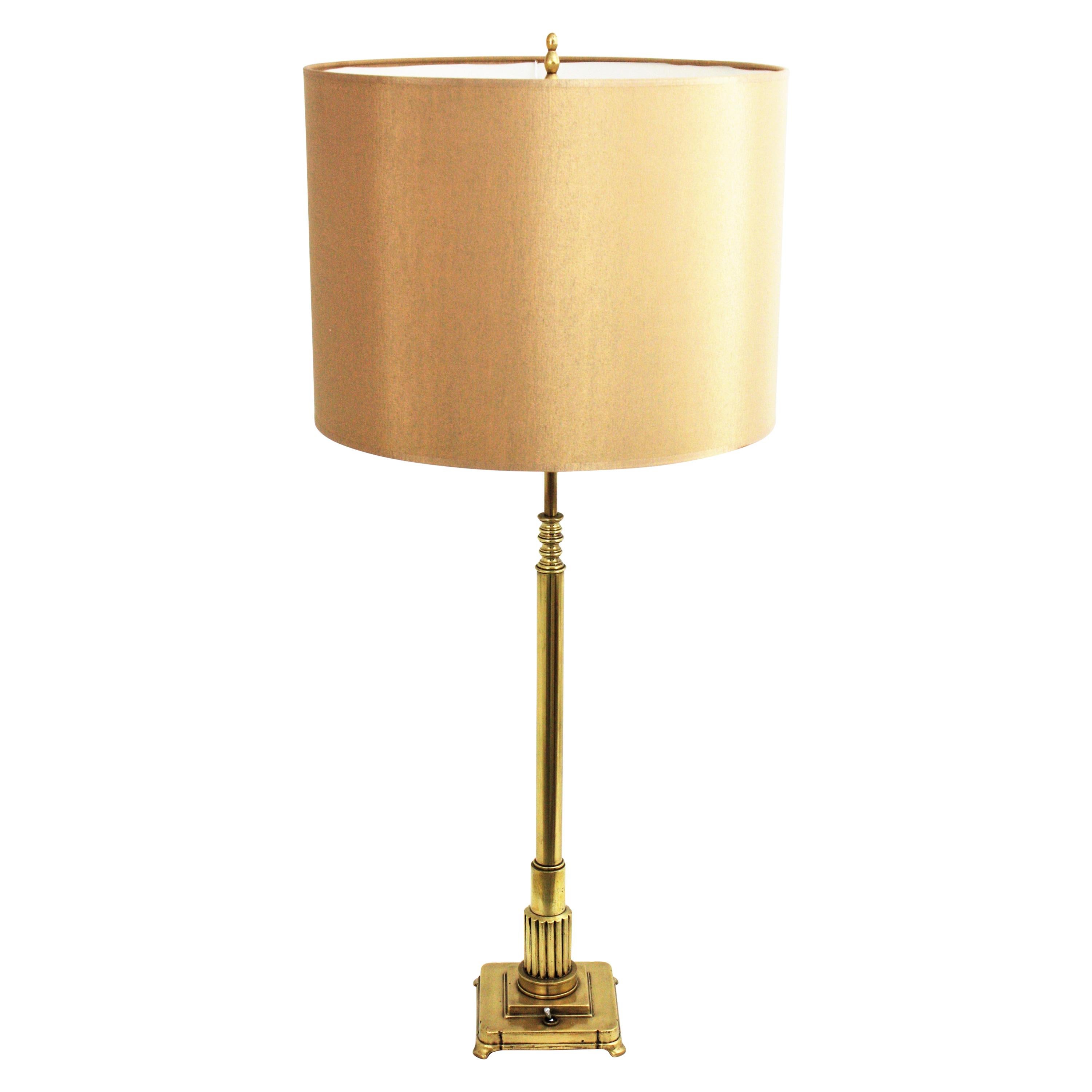 French Art Deco Column Table Lamp in Polished Brass For Sale