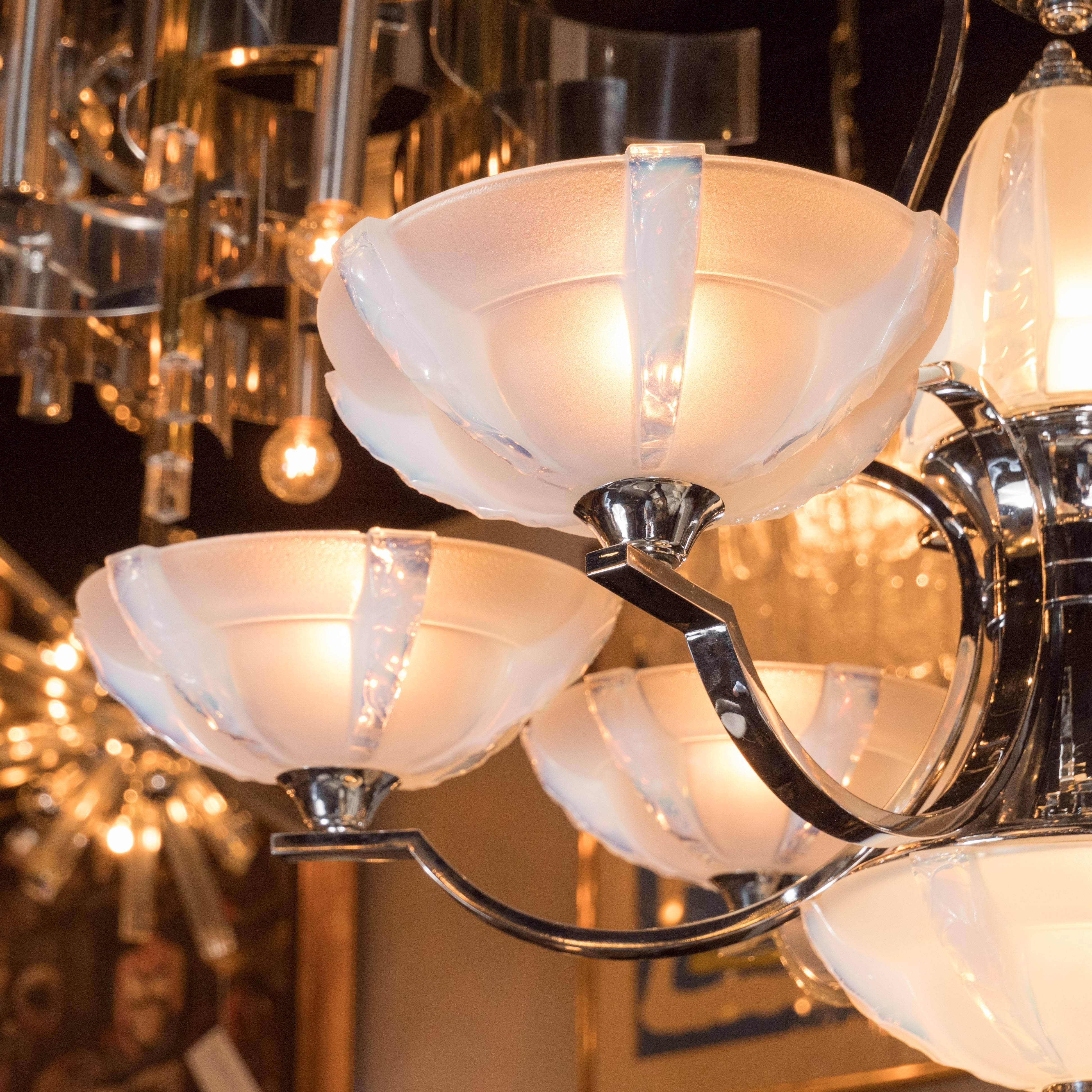 French Art Deco Polished Chrome and Frosted Glass Six-Arm Chandelier by Sabino In Excellent Condition In New York, NY