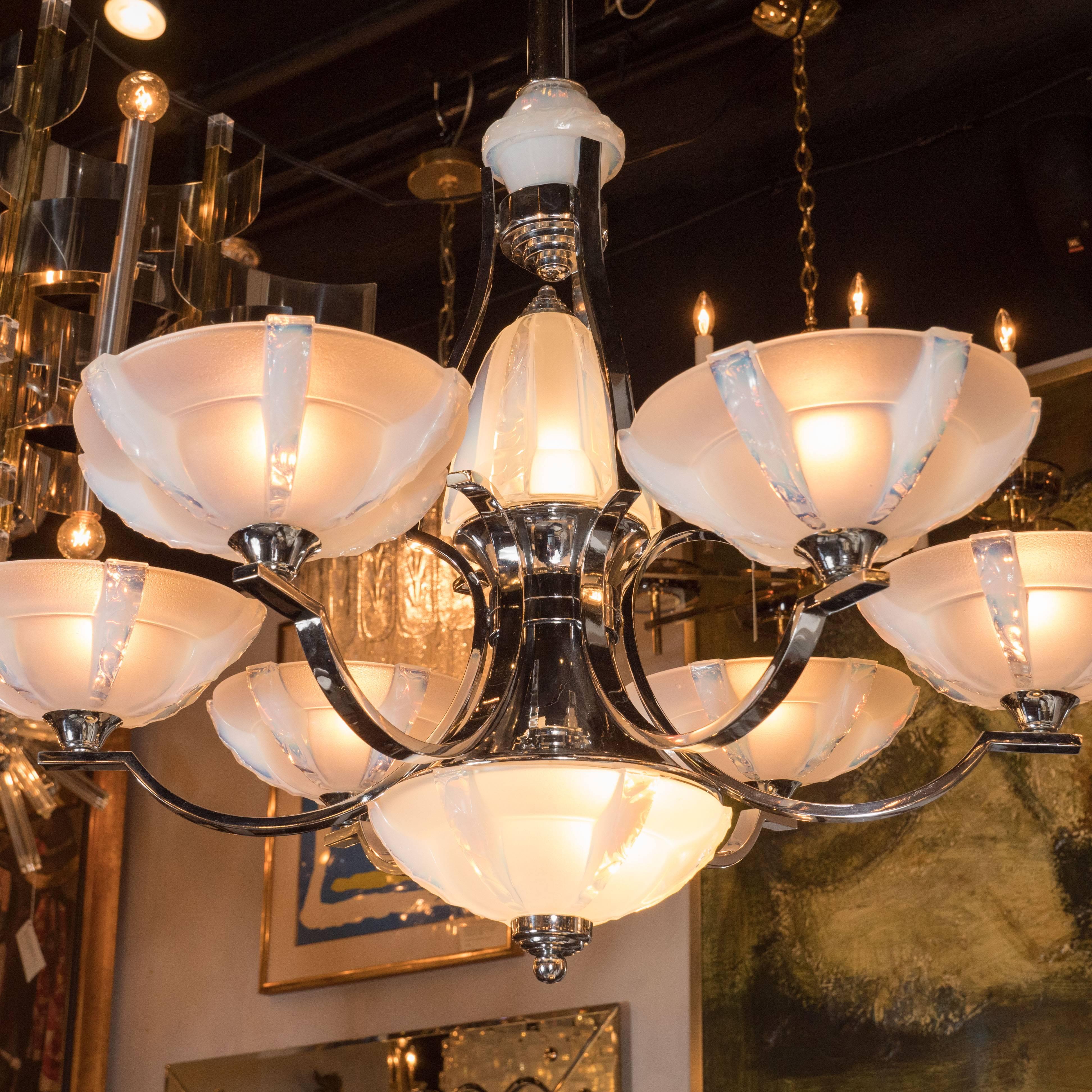 Mid-20th Century French Art Deco Polished Chrome and Frosted Glass Six-Arm Chandelier by Sabino