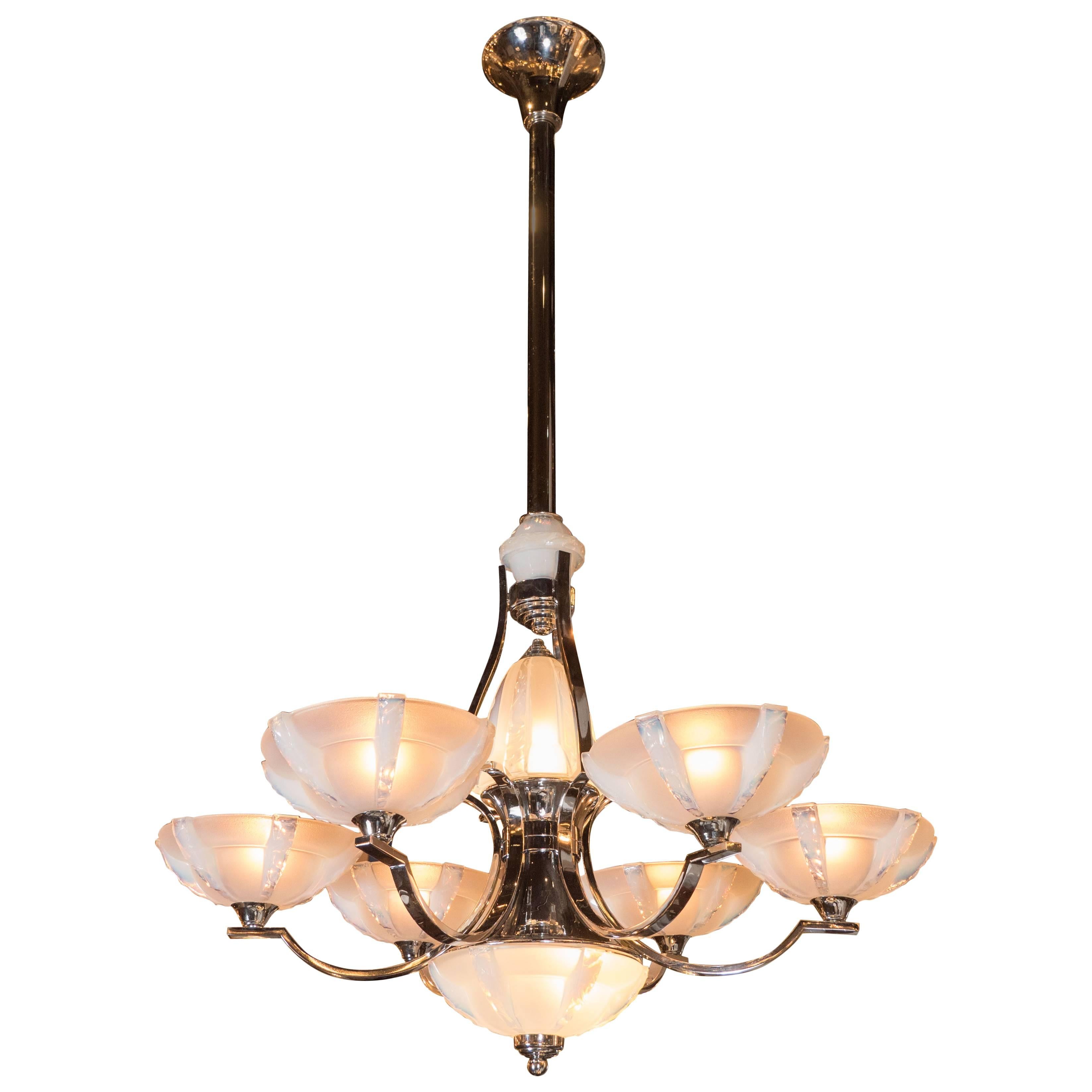 French Art Deco Polished Chrome and Frosted Glass Six-Arm Chandelier by Sabino