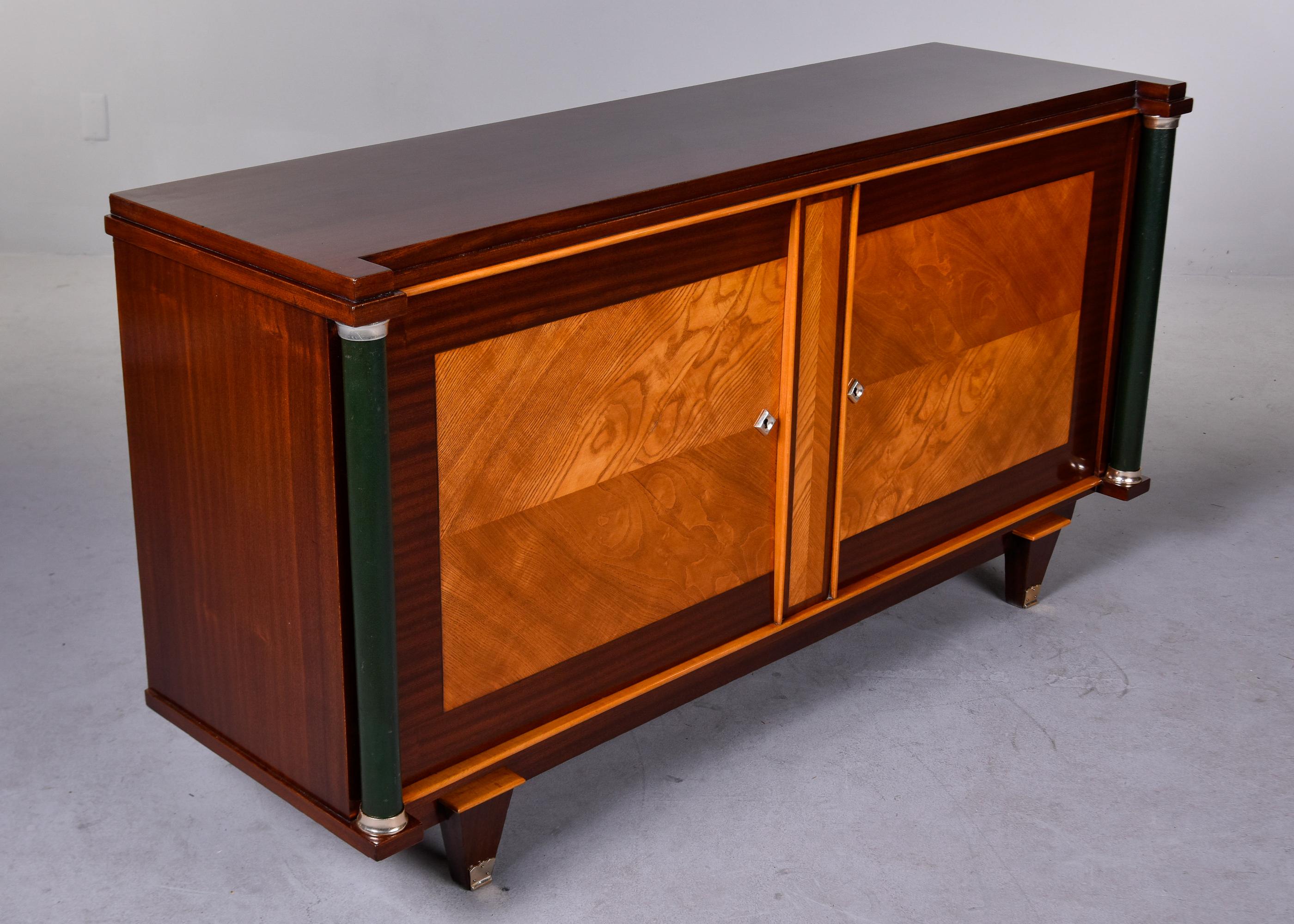 French Art Deco Polished Mahogany Cabinet with Leather Covered Pillar Detail 8