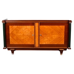 French Art Deco Polished Mahogany Cabinet with Leather Covered Pillar Detail