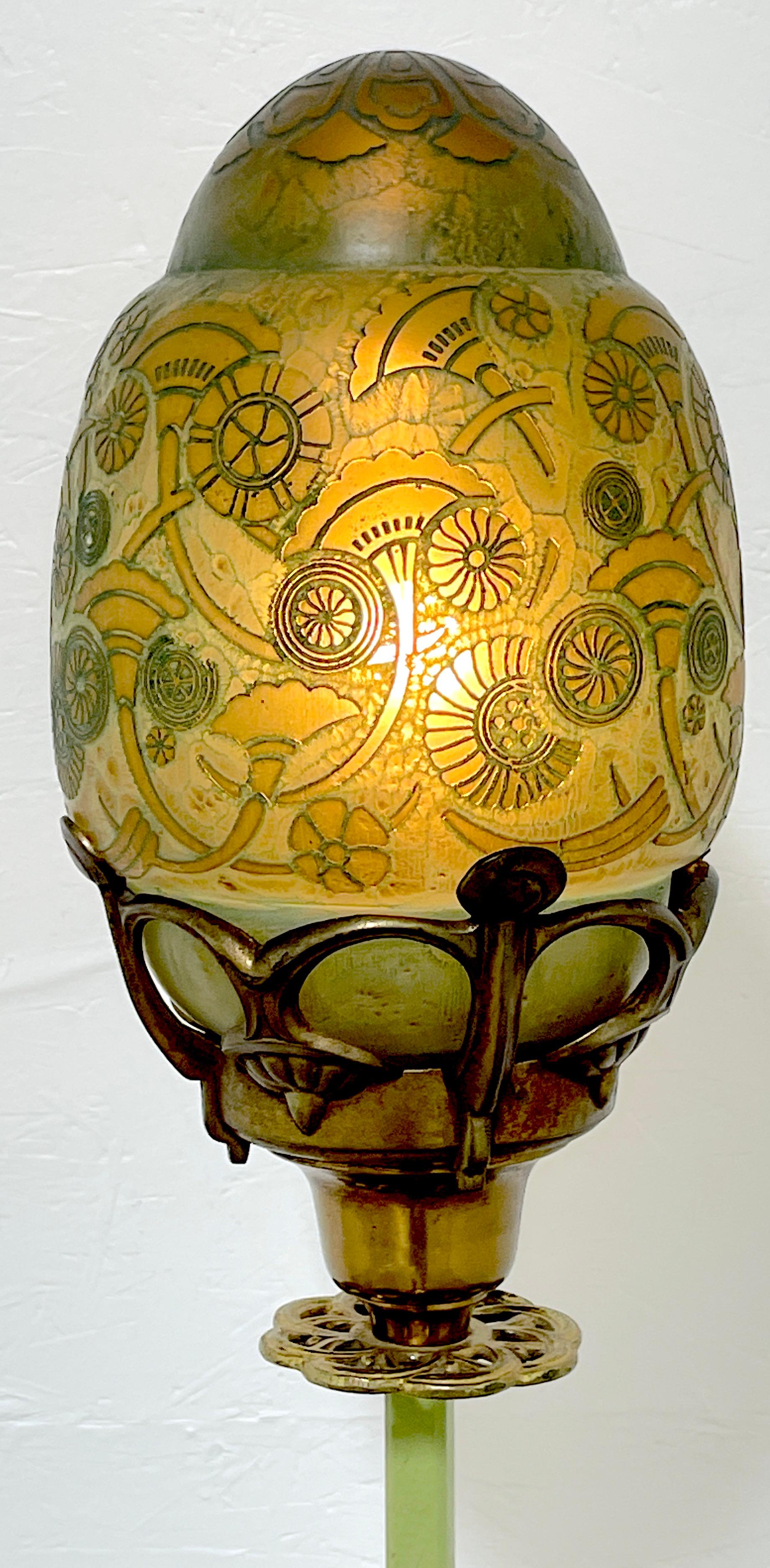 French Art Deco Polychromed Floor Lamp with Muller Frères Cameo Glass Shade  In Good Condition For Sale In West Palm Beach, FL