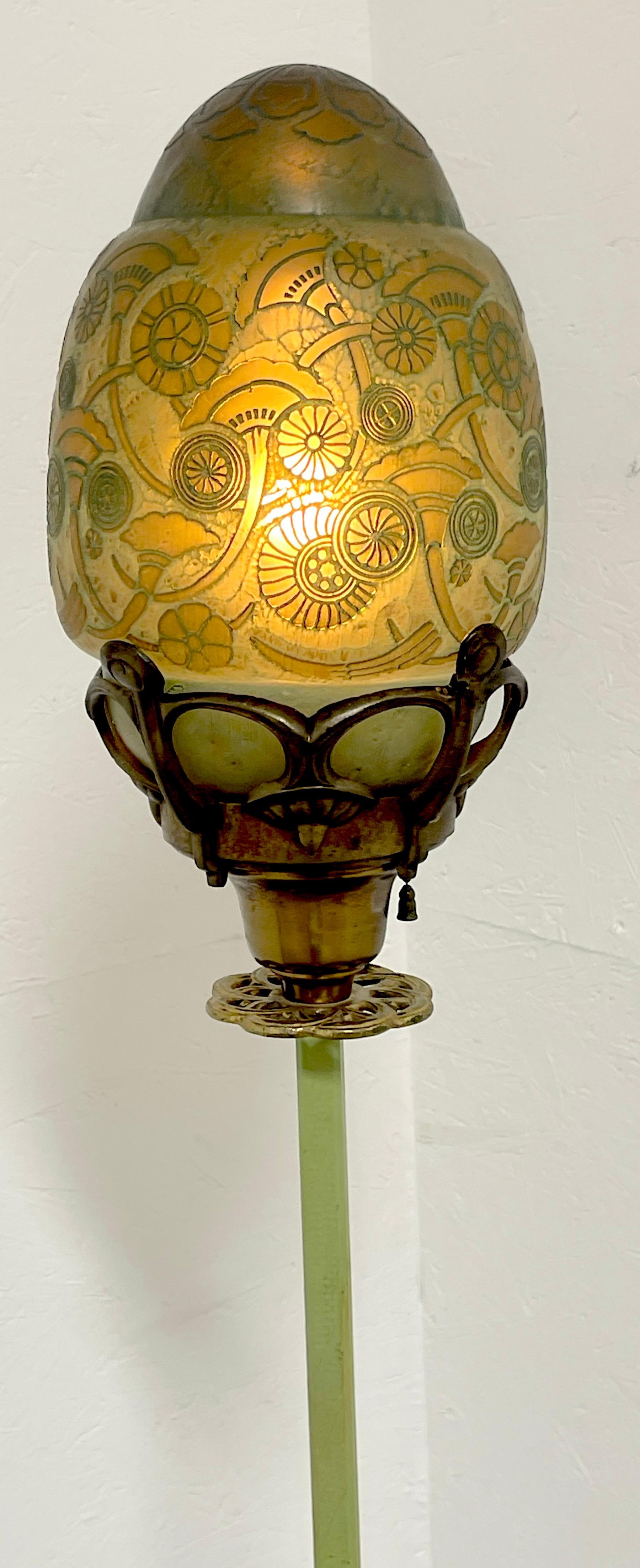 Metal French Art Deco Polychromed Floor Lamp with Muller Frères Cameo Glass Shade  For Sale