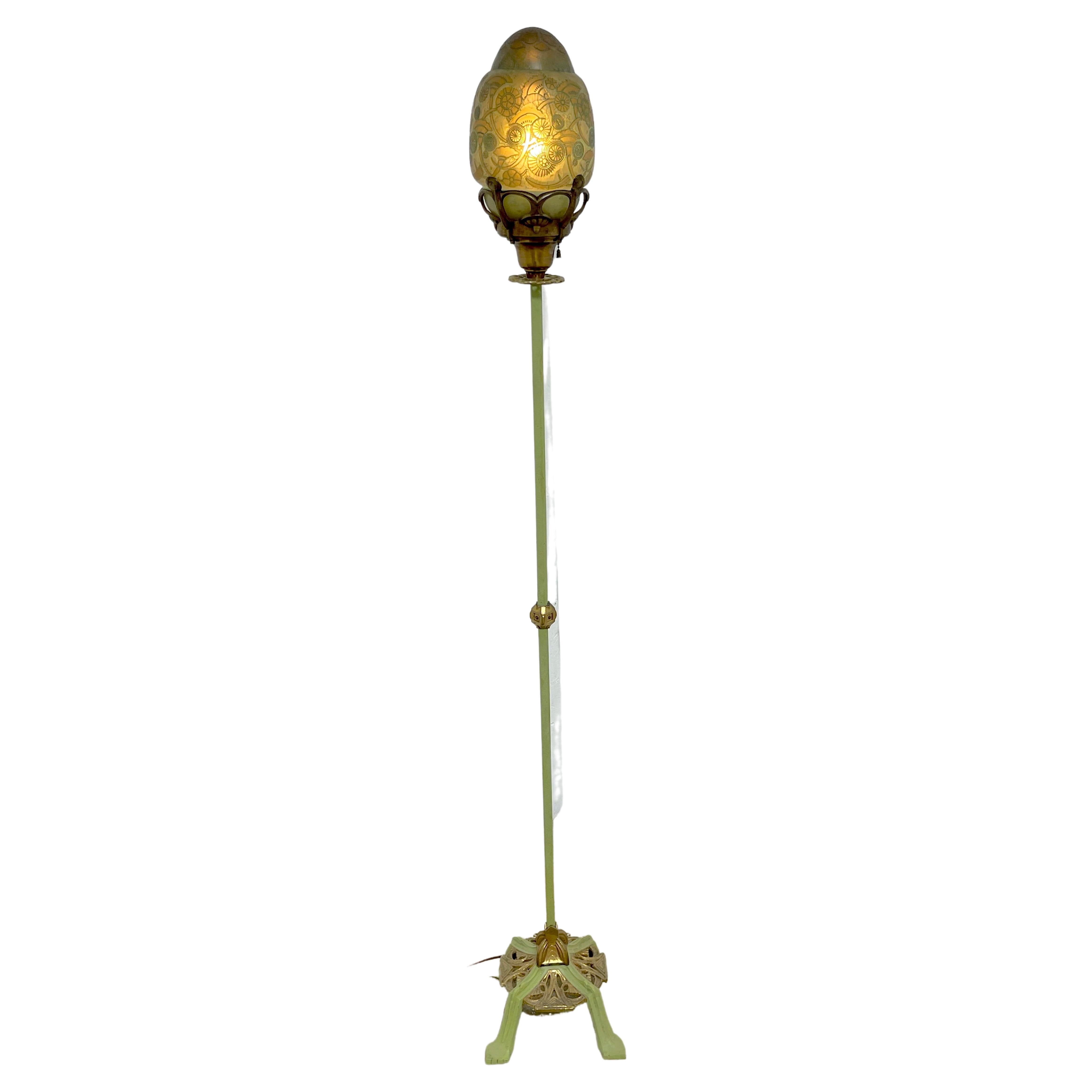 French Art Deco Polychromed Floor Lamp with Muller Frères Cameo Glass Shade  For Sale