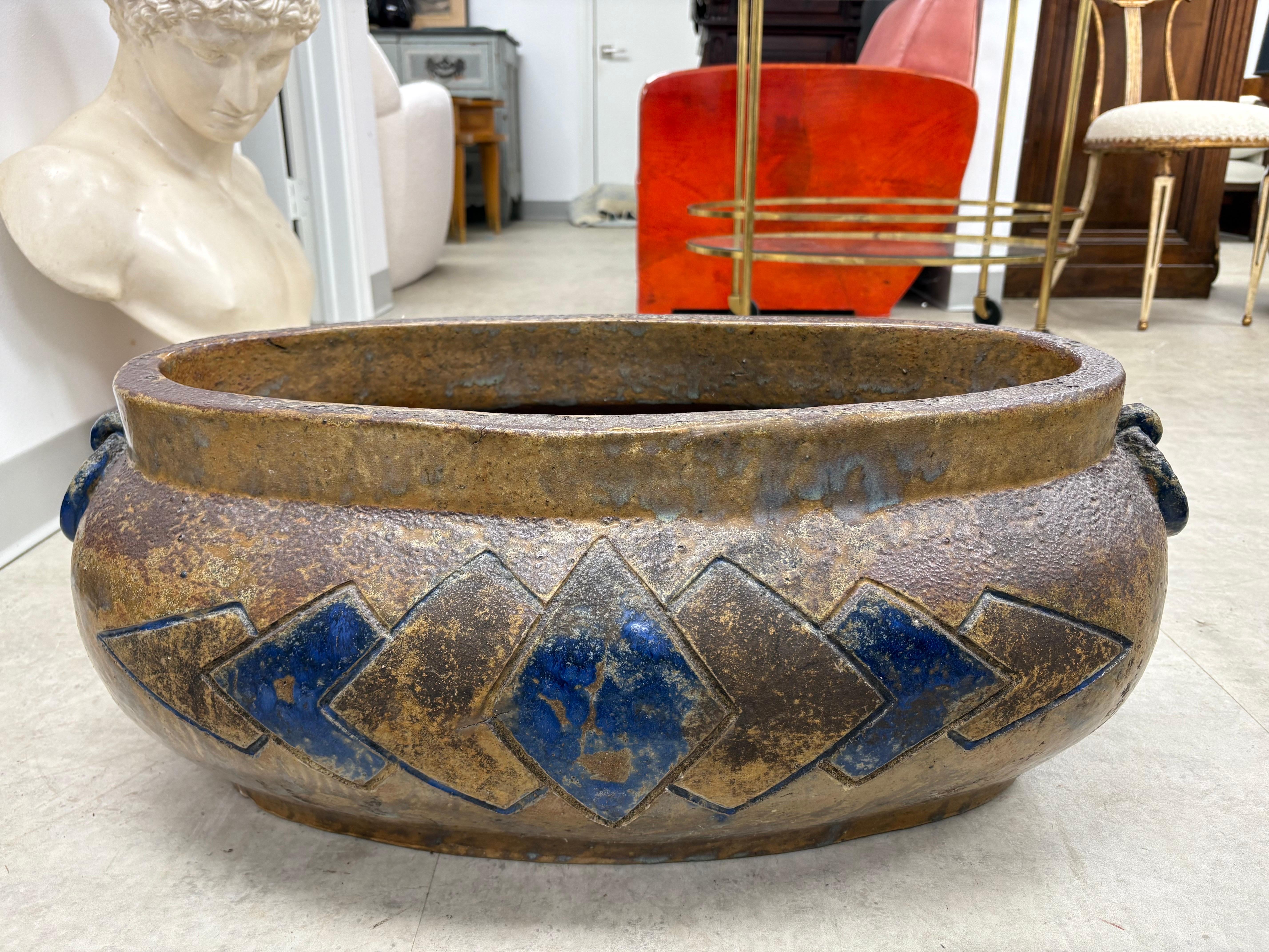 Glazed French Art Deco Pottery Jardiniere For Sale