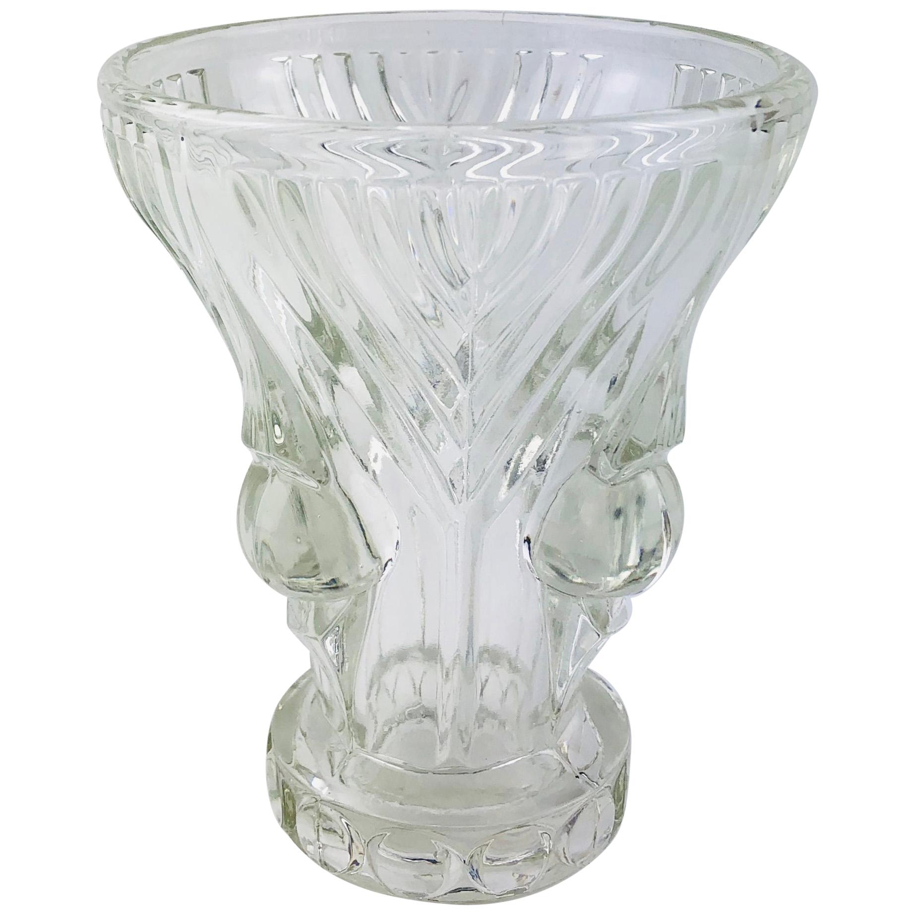 French Art Deco Pressed Clear Glass Vase For Sale