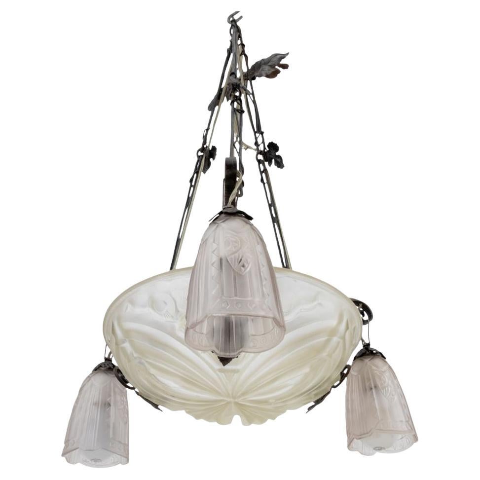 French Art Deco Pressed Glass and Metal Chandelier