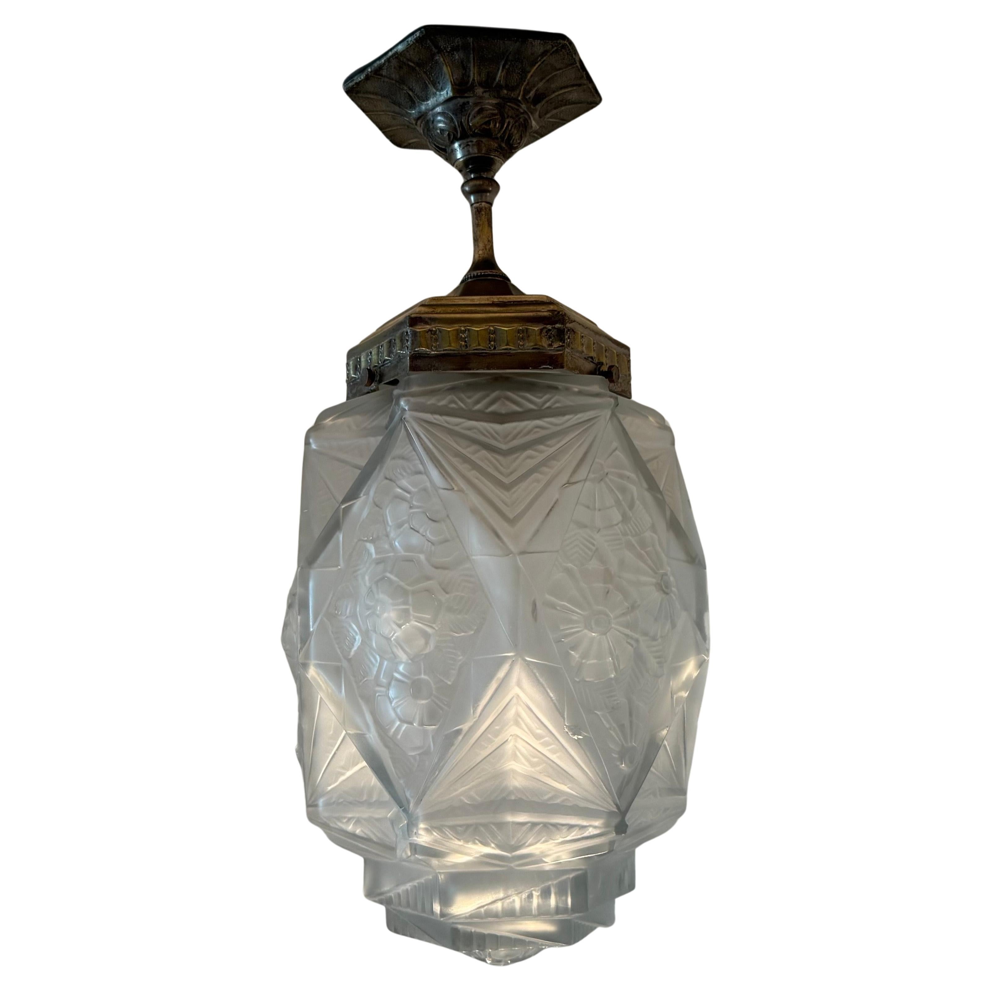 French Art Deco Pressed Glass Hall Lantern, Circa 1930