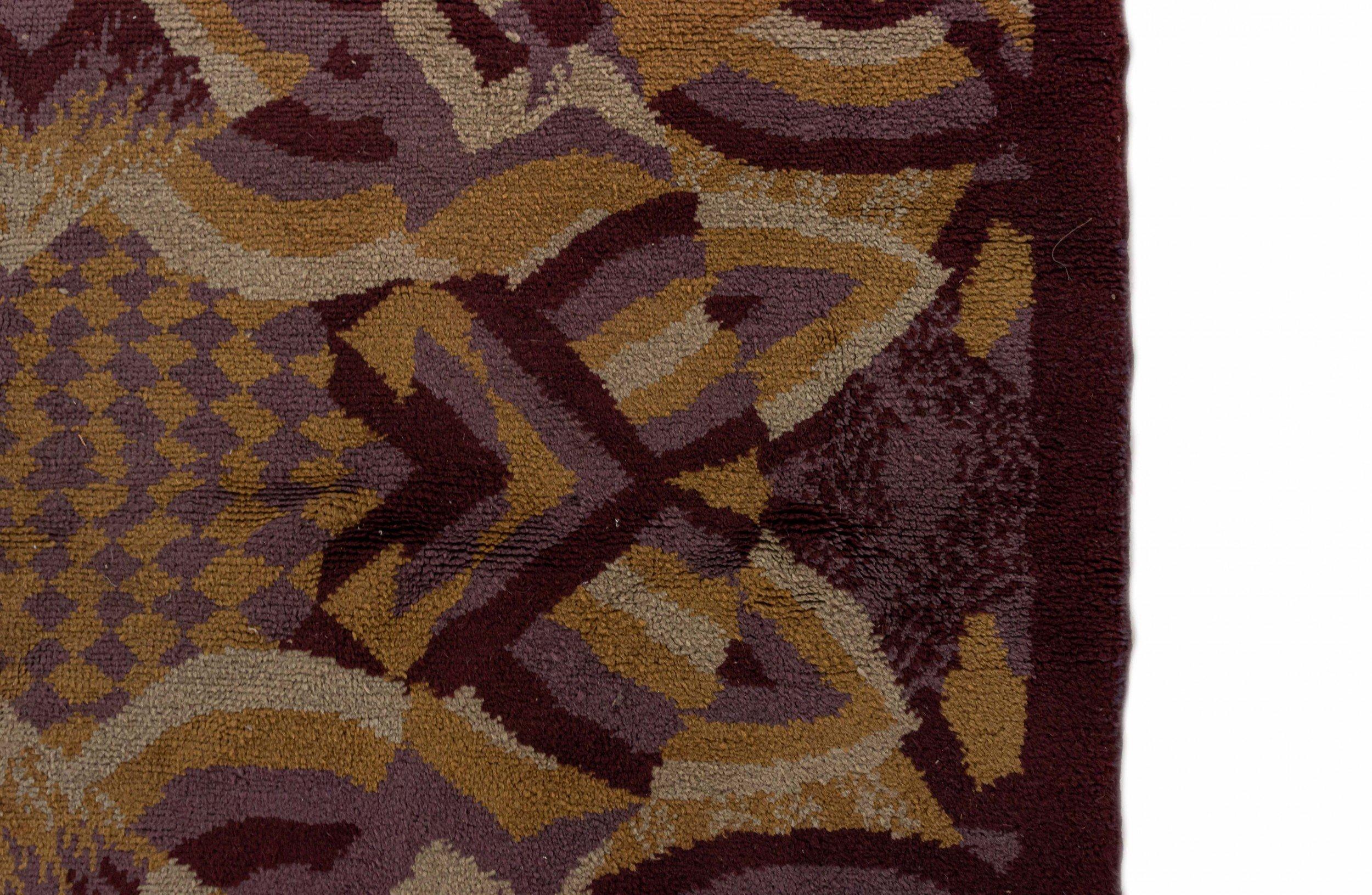 French Art Deco geometric design rug carpet with purple and beige colors signed with the initial 