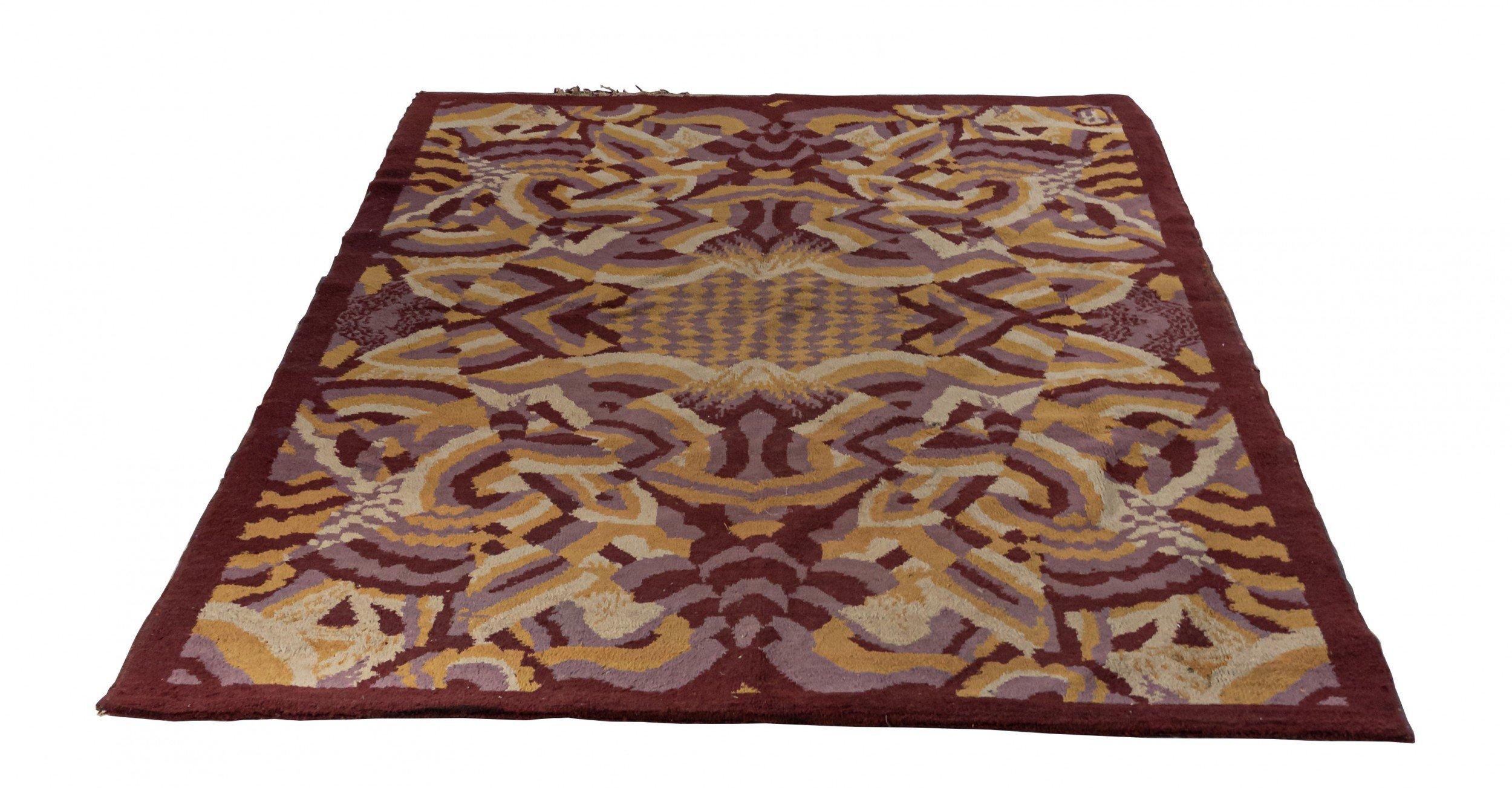 Wool French Art Deco Purple and Beige Patterned Rug For Sale