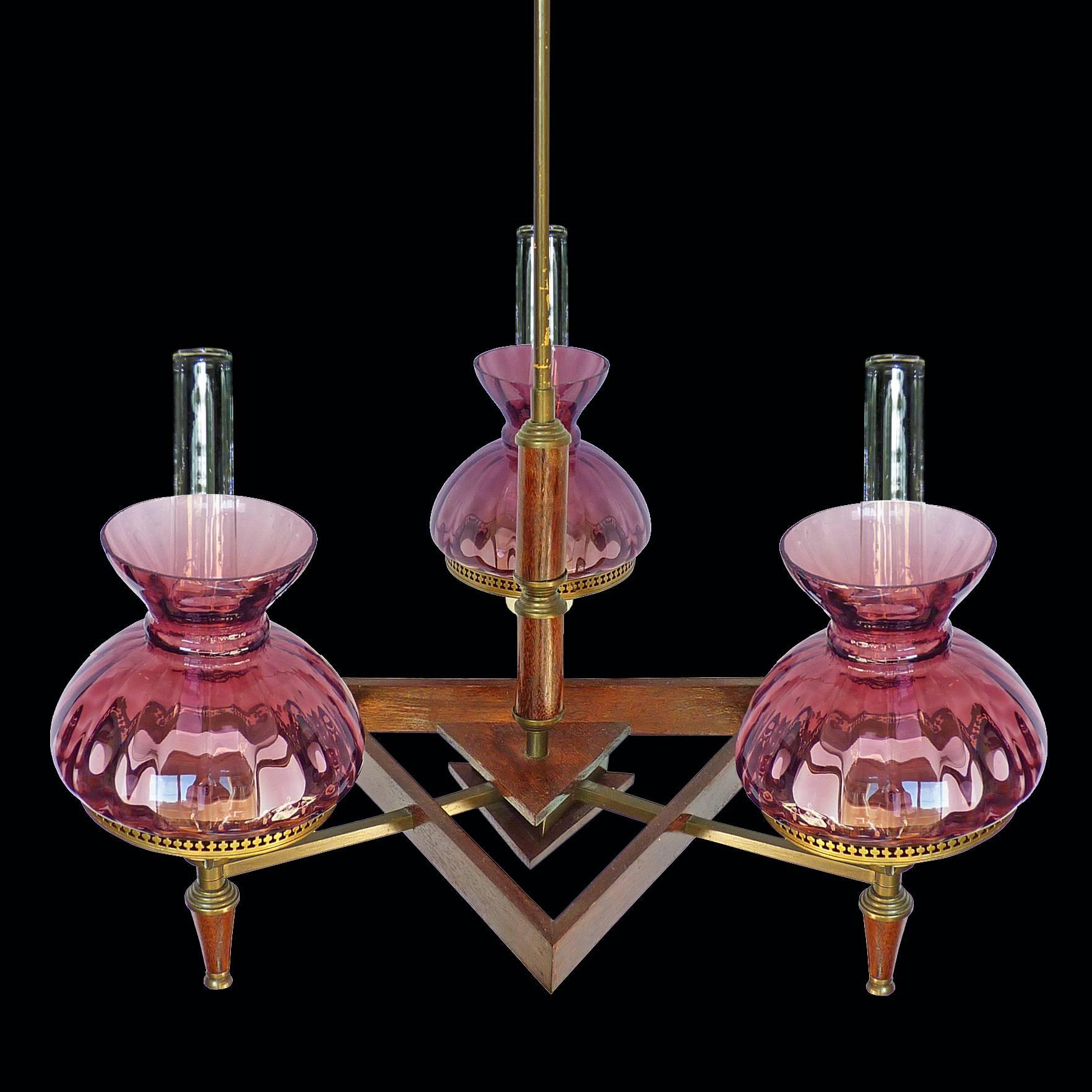 French Art Deco Purple, Plum, Amethyst Glass Shades Wood and Brass Chandelier In Excellent Condition For Sale In Coimbra, PT