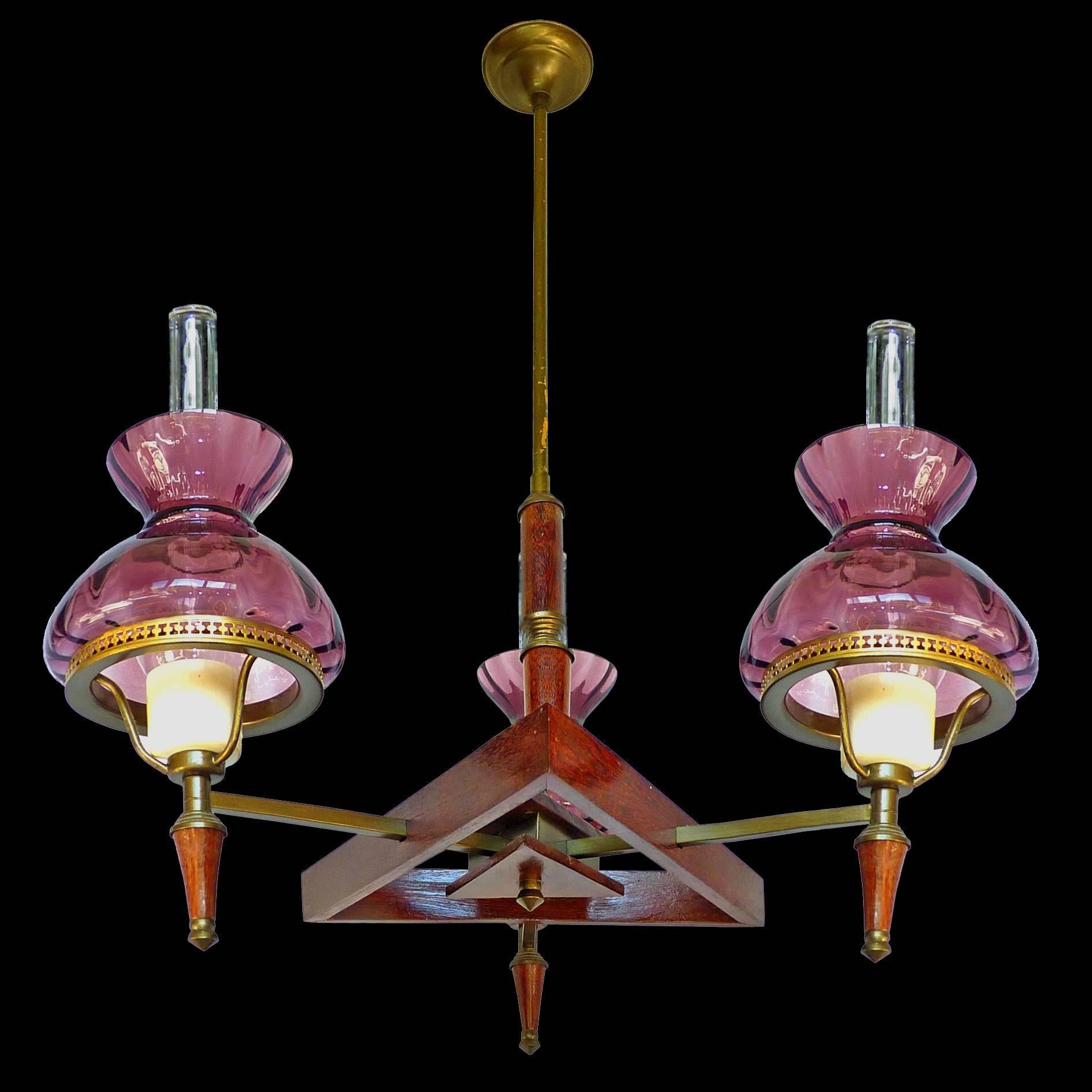 Mid-20th Century French Art Deco Purple, Plum, Amethyst Glass Shades Wood and Brass Chandelier For Sale