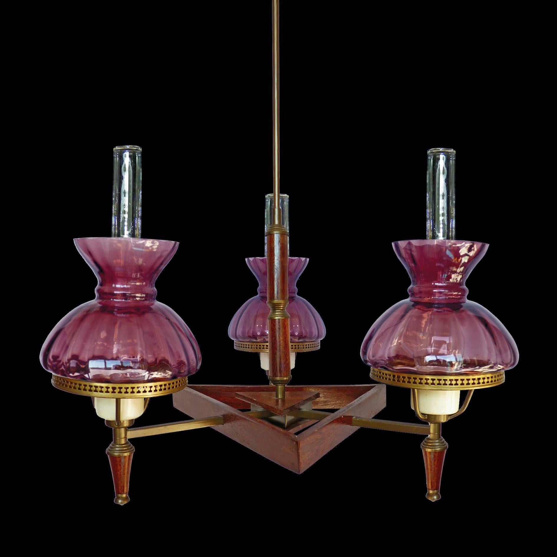 French Art Deco Purple, Plum, Amethyst Glass Shades Wood and Brass Chandelier For Sale 2