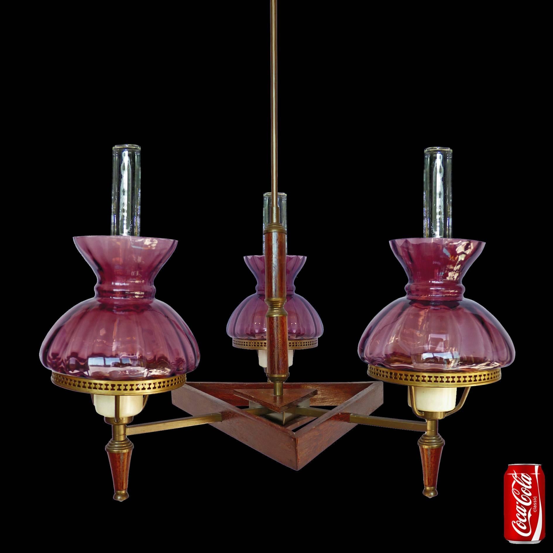 French Art Deco Purple, Plum, Amethyst Glass Shades Wood and Brass Chandelier For Sale 3
