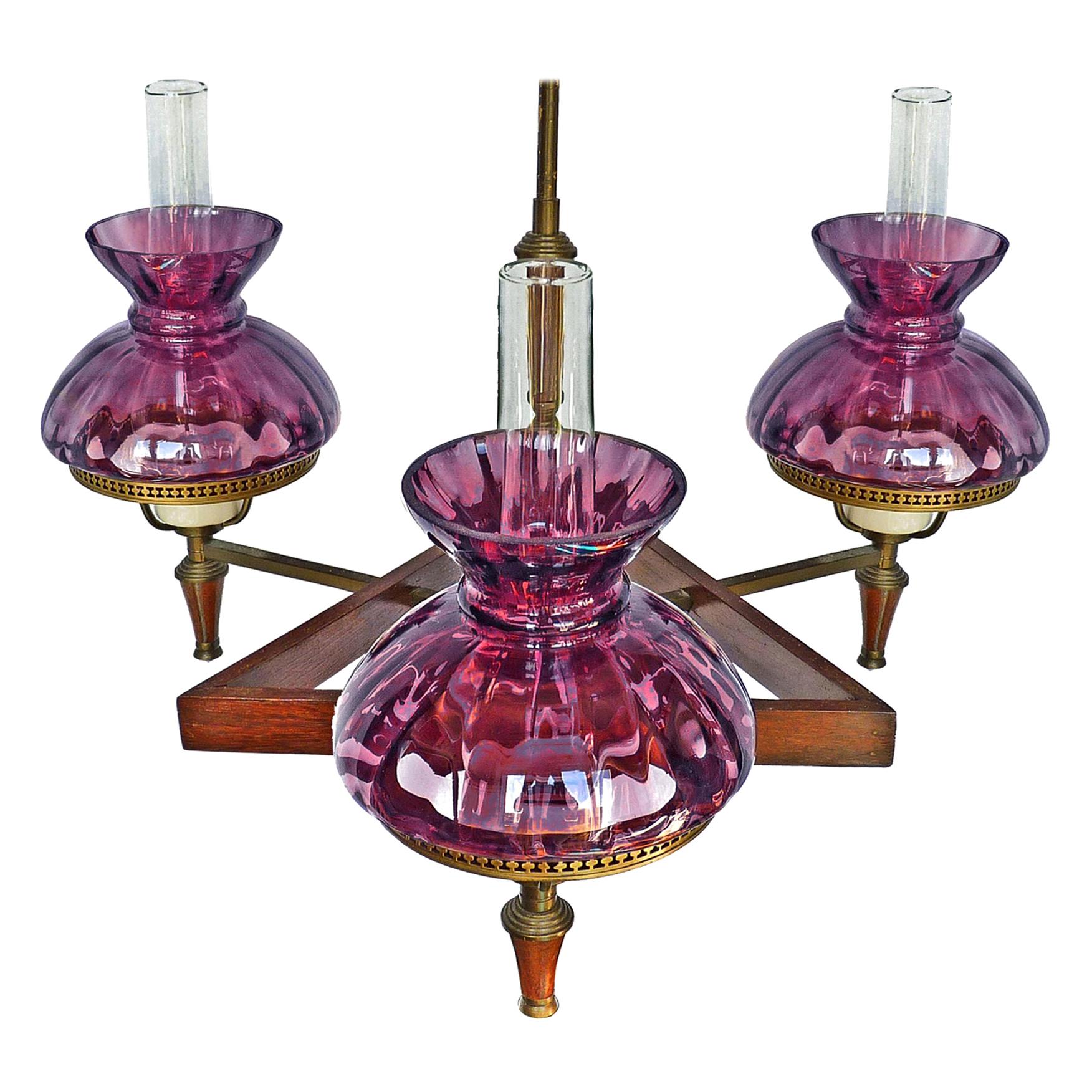 French Art Deco Purple, Plum, Amethyst Glass Shades Wood and Brass Chandelier