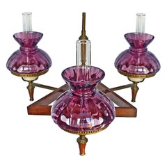 French Art Deco Purple, Plum, Amethyst Glass Shades Wood and Brass Chandelier
