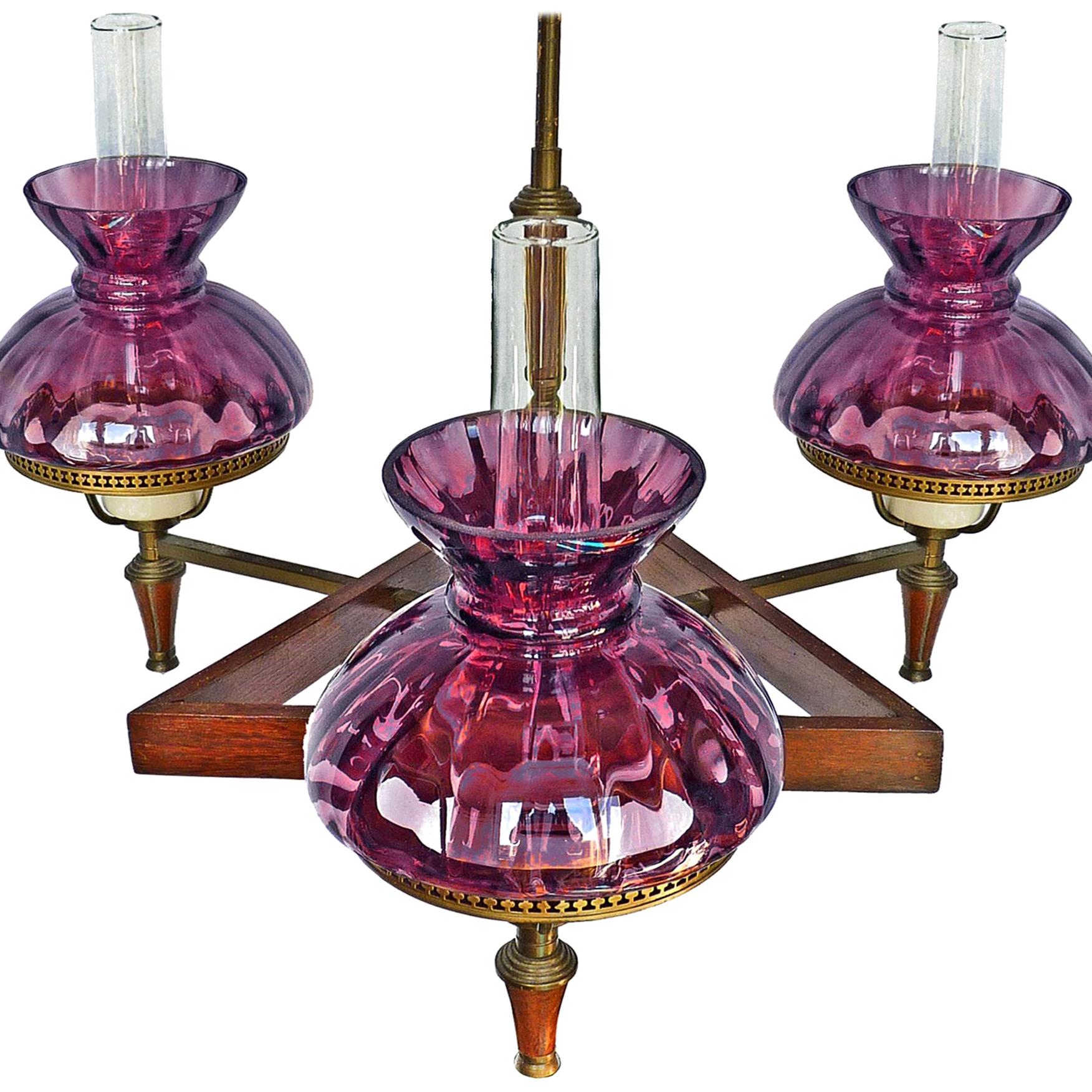 French Art Deco Purple, Plum, Amethyst Glass Shades Wood and Brass Chandelier For Sale