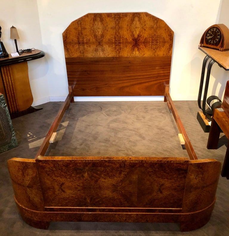 French Art Deco Queen Size Bed European Burl Walnut at 1stDibs