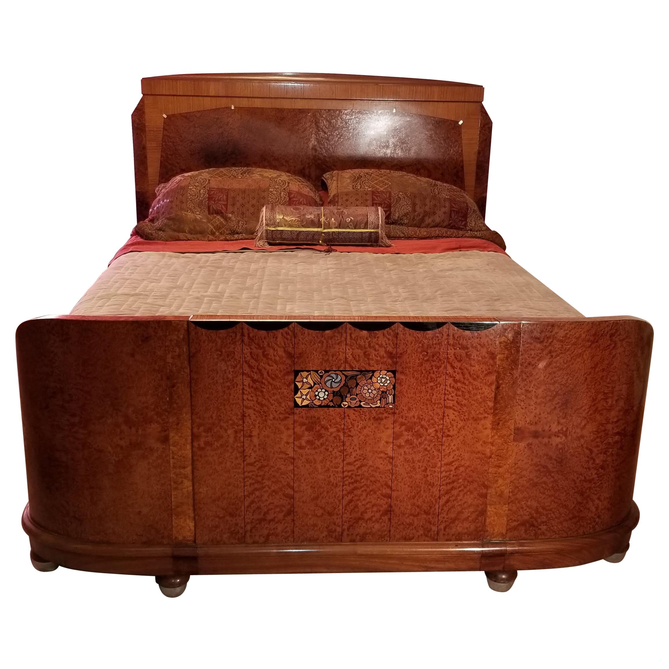 French Art Deco Queen Size Inlaid Thuya Wood Bed, Attributed to Maurice Dufrène
