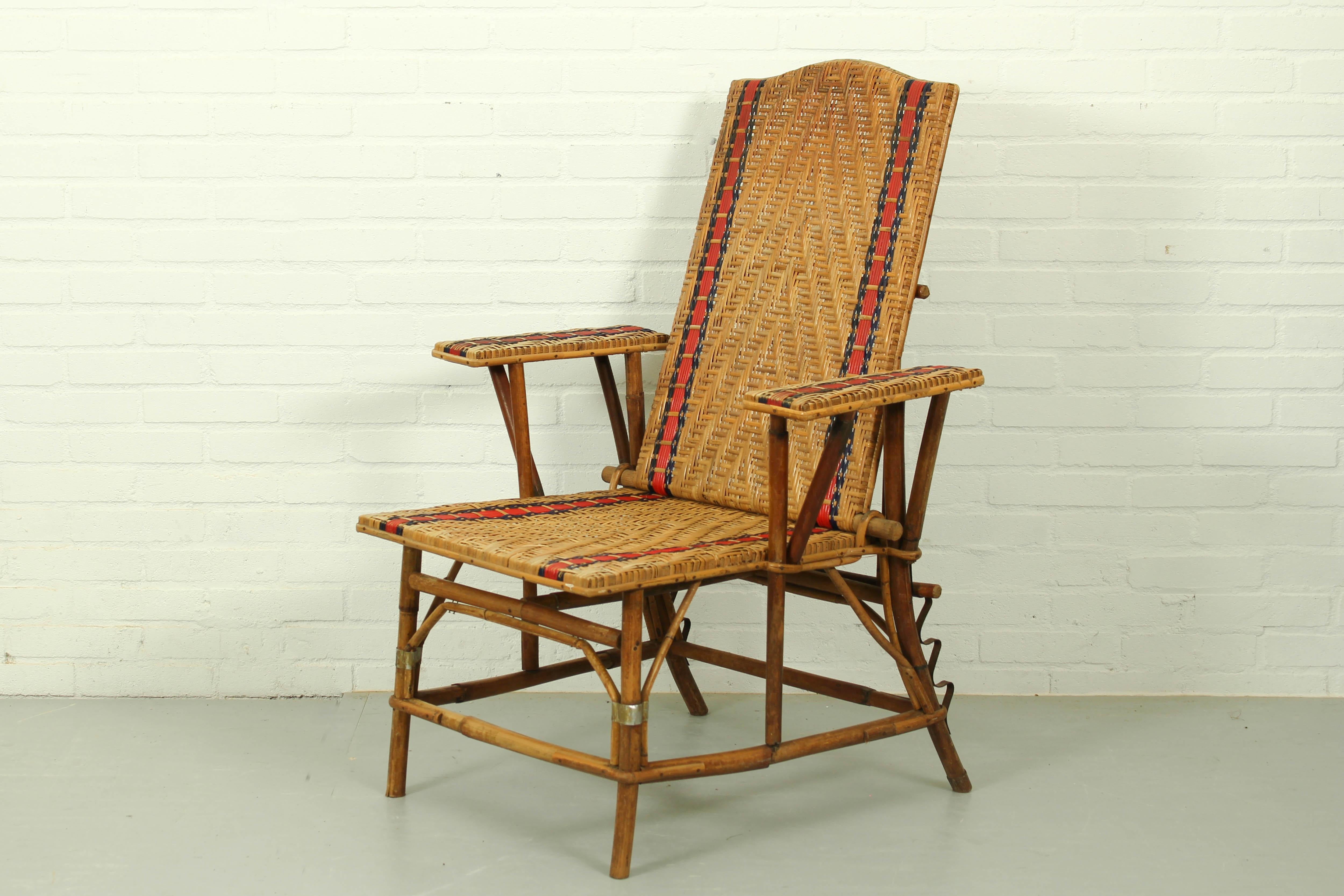 French Art Deco Rattan Lounge Chair / Recliner, 1920a 6