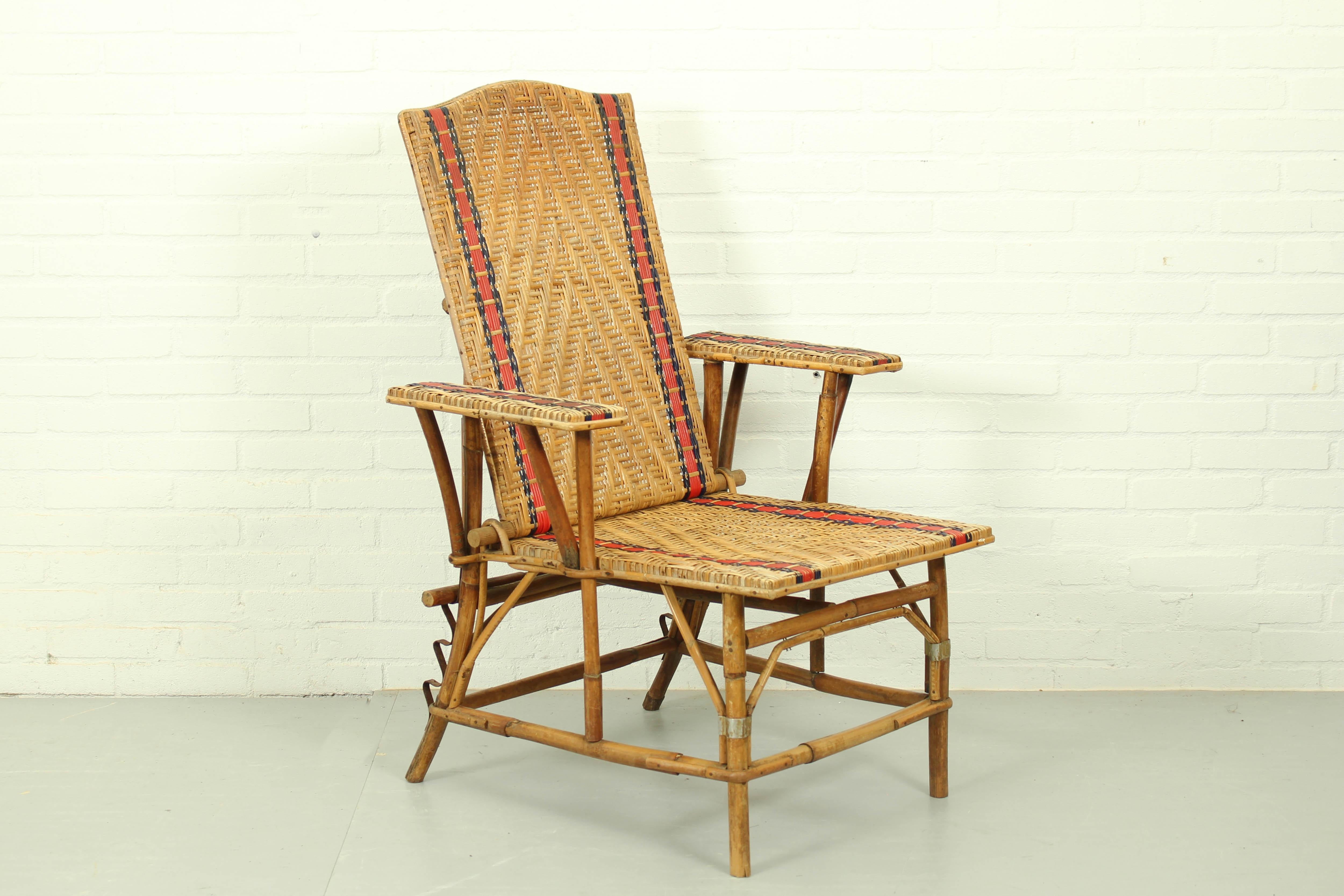French Art Deco Rattan Lounge Chair / Recliner, 1920a 4