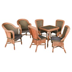 Französischer Art Deco Rattan Terrassentisch und Stühle, Satz von 7