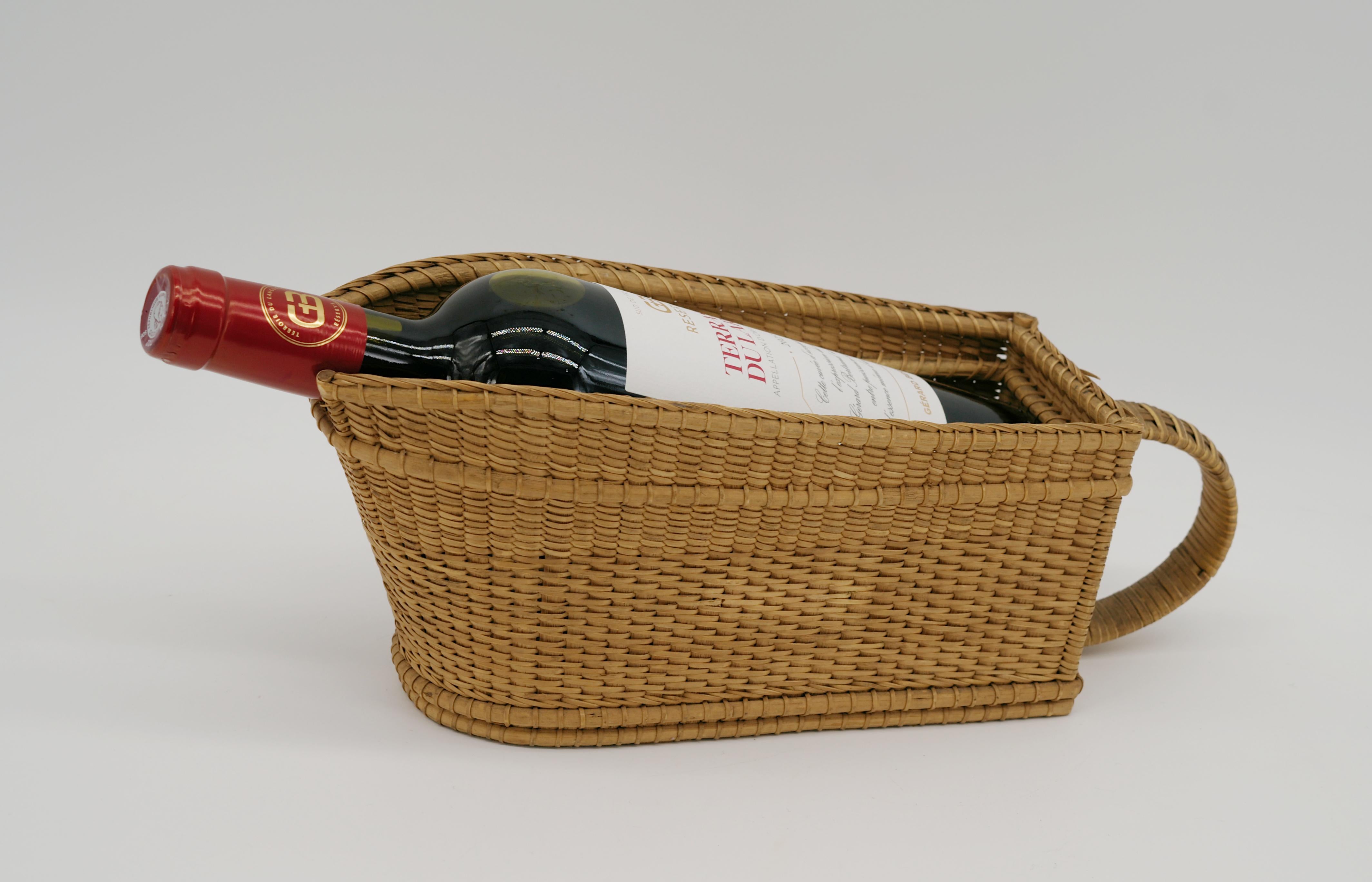 Brass French Art Deco Rattan Wine Bottle Holder, 1920 For Sale