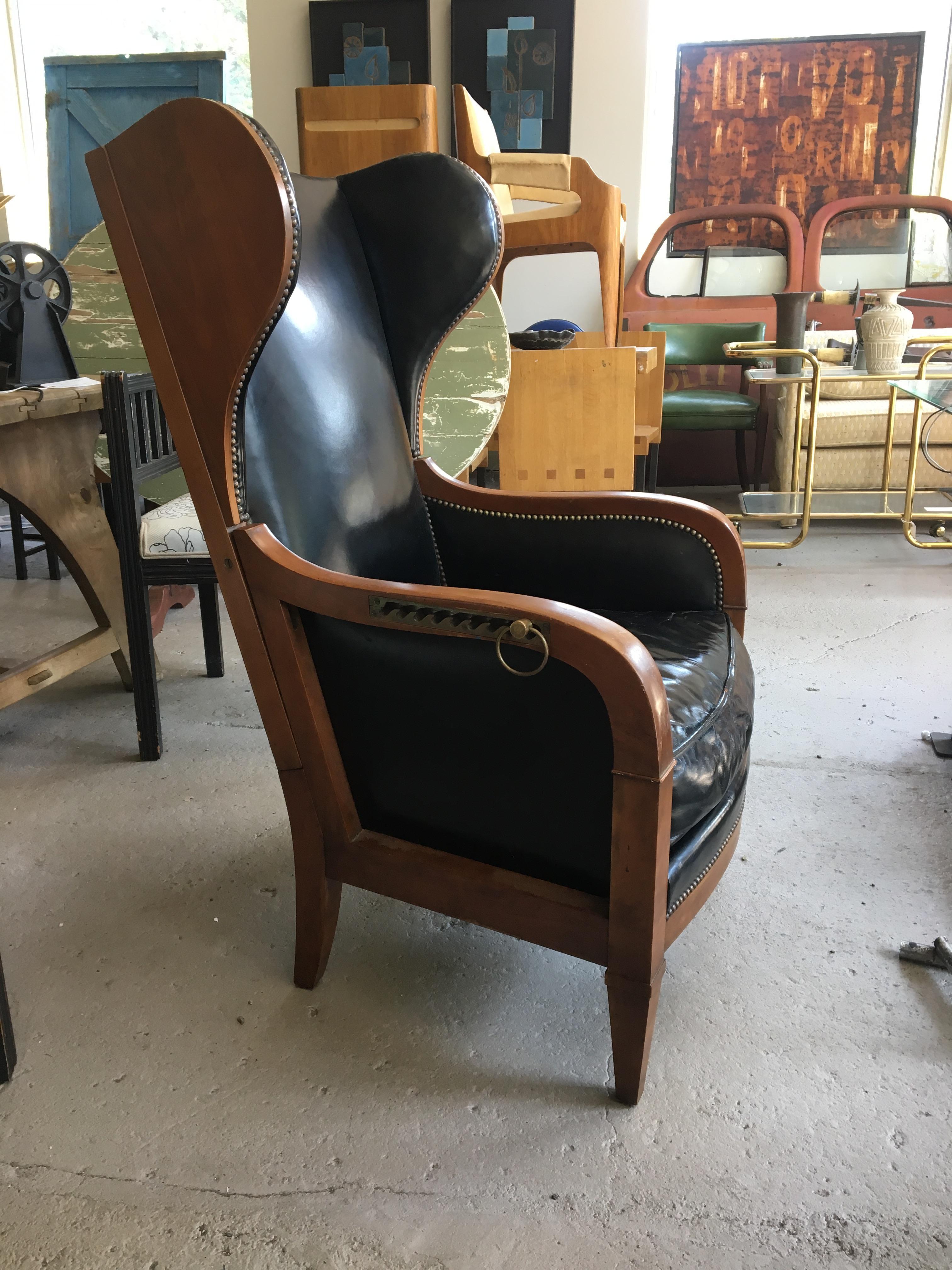 American French Art Deco Recliner Wing Chair by Baker Furniture, Walnut with Brass Detail