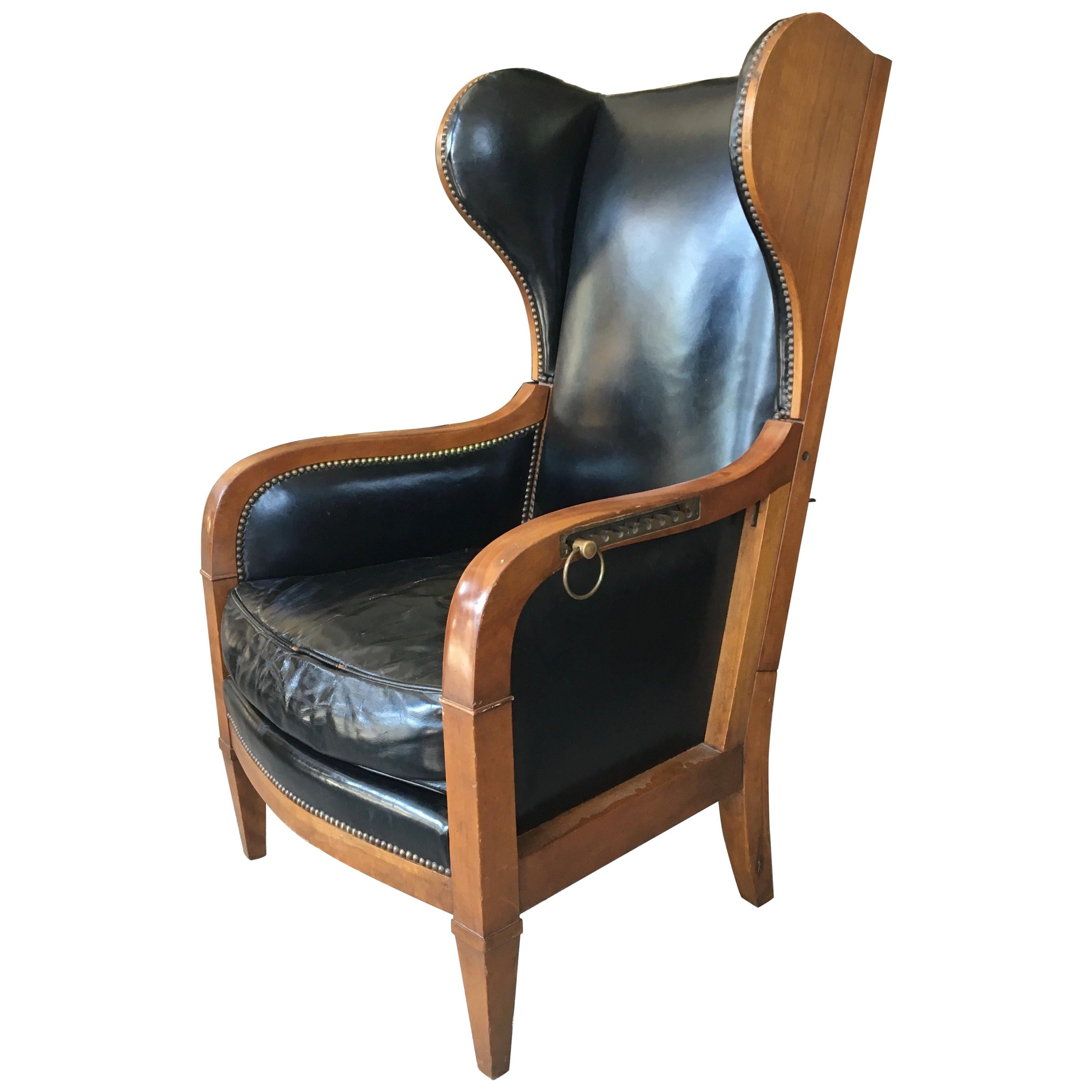 French Art Deco Recliner Wing Chair by Baker Furniture, Walnut with Brass Detail