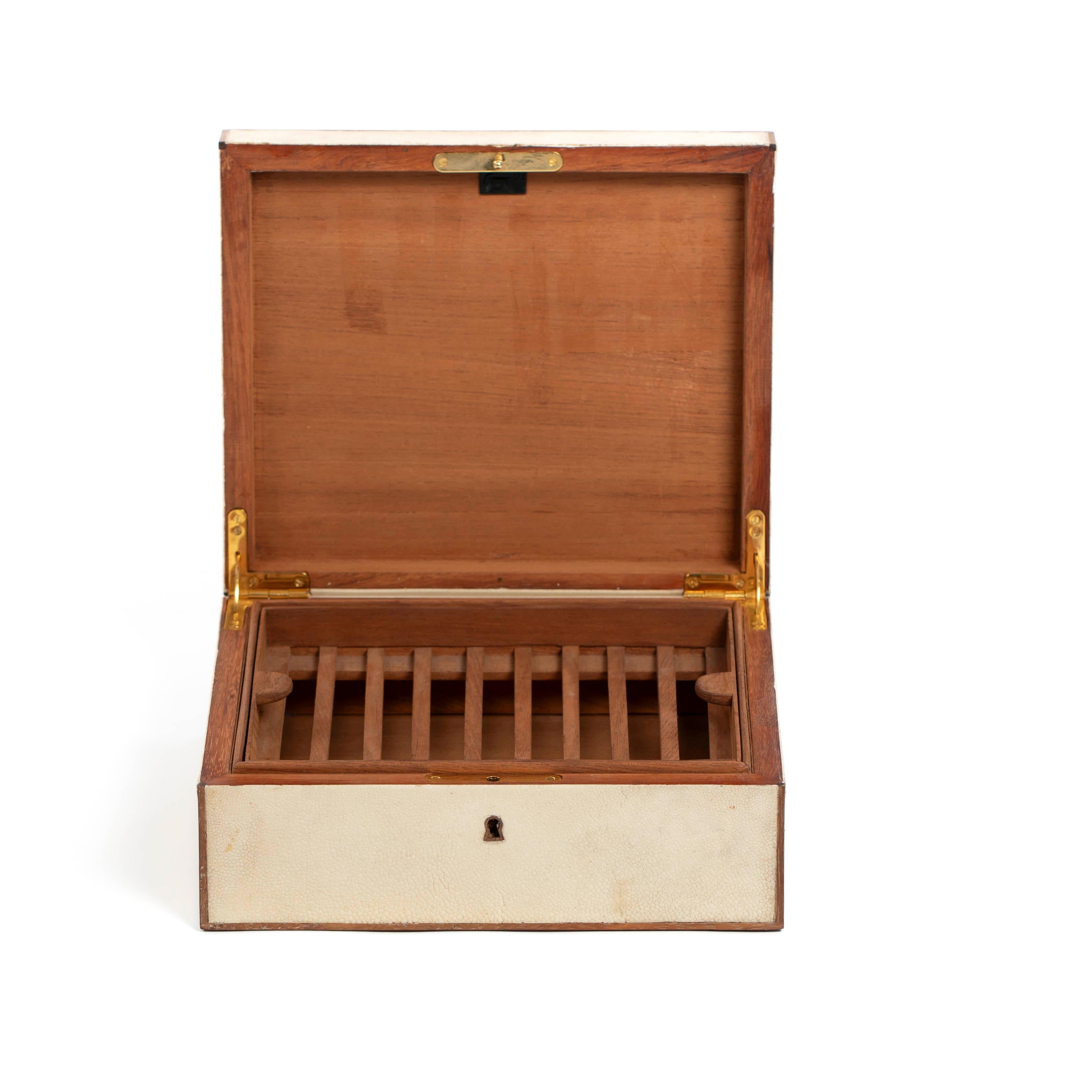 Brass French Art Déco Rectangular Galuchat Leather Box for Cigars etc. from the 1940s For Sale