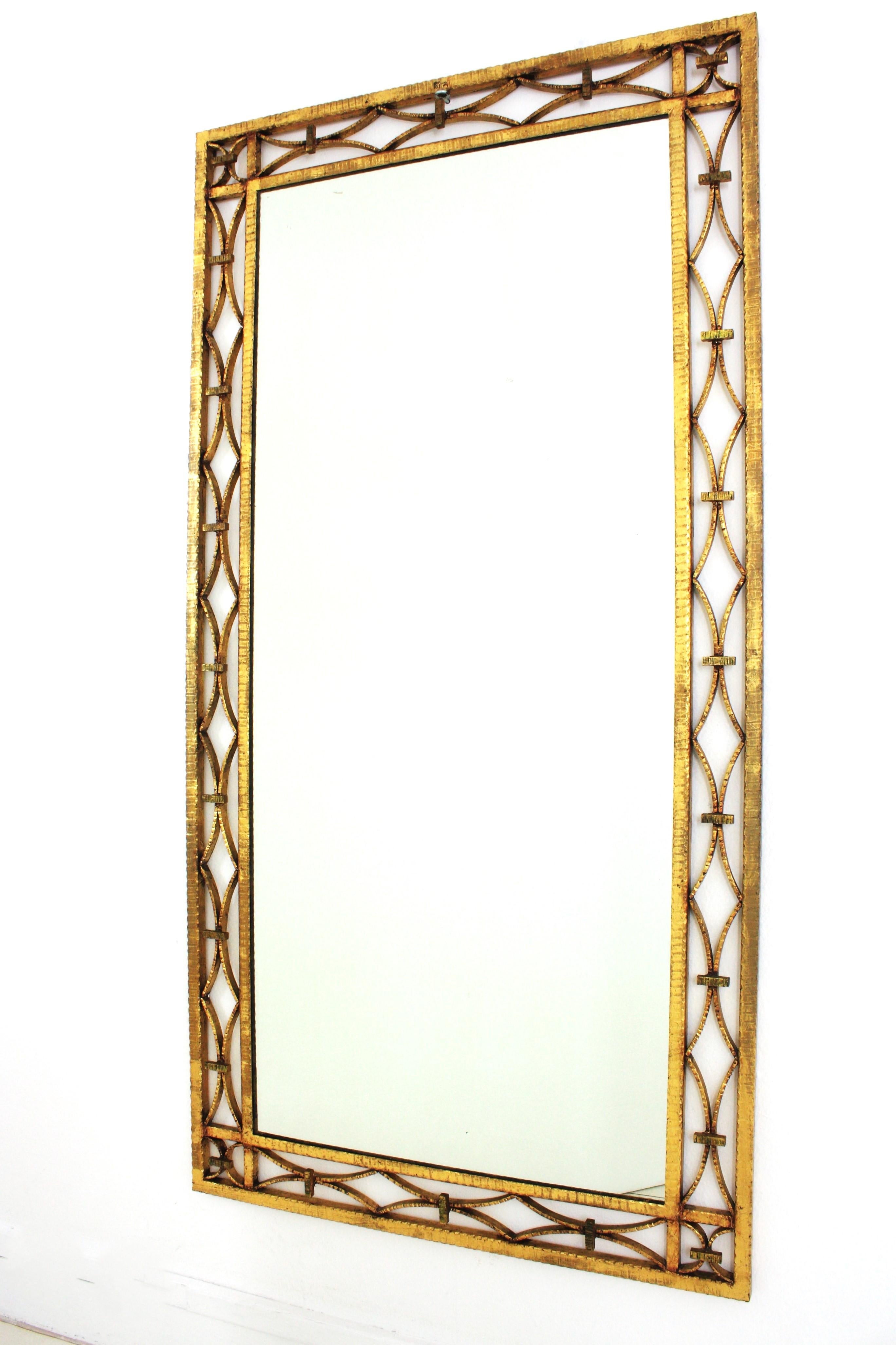 Metal French Art Deco Rectangular Mirror in Gilded Wrought Iron  For Sale