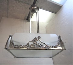 French Art Deco Rectilinear Glass and Nickel Chandelier with Nude, L. Charles