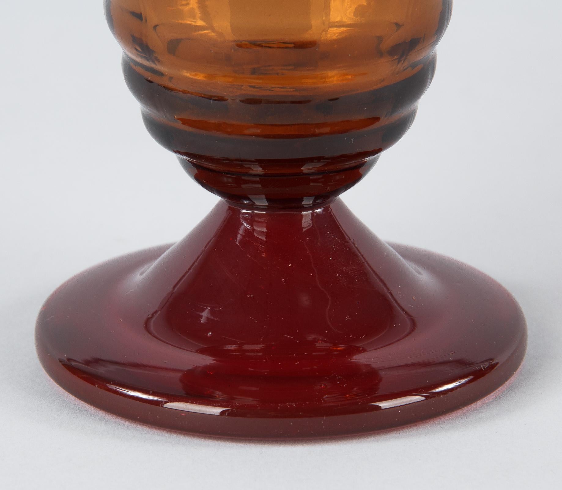French Art Deco Red and Amber Glass Decanter, 1940s 6