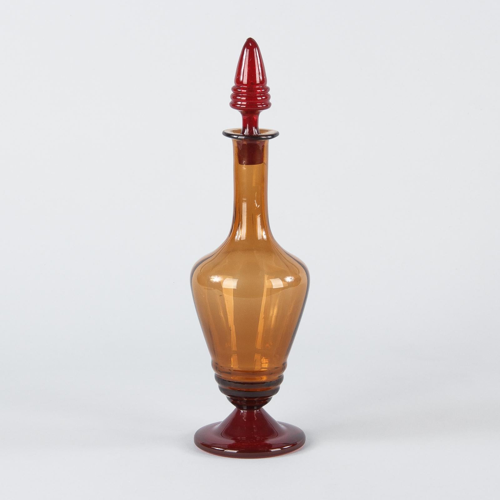 French Art Deco Red and Amber Glass Decanter, 1940s 7