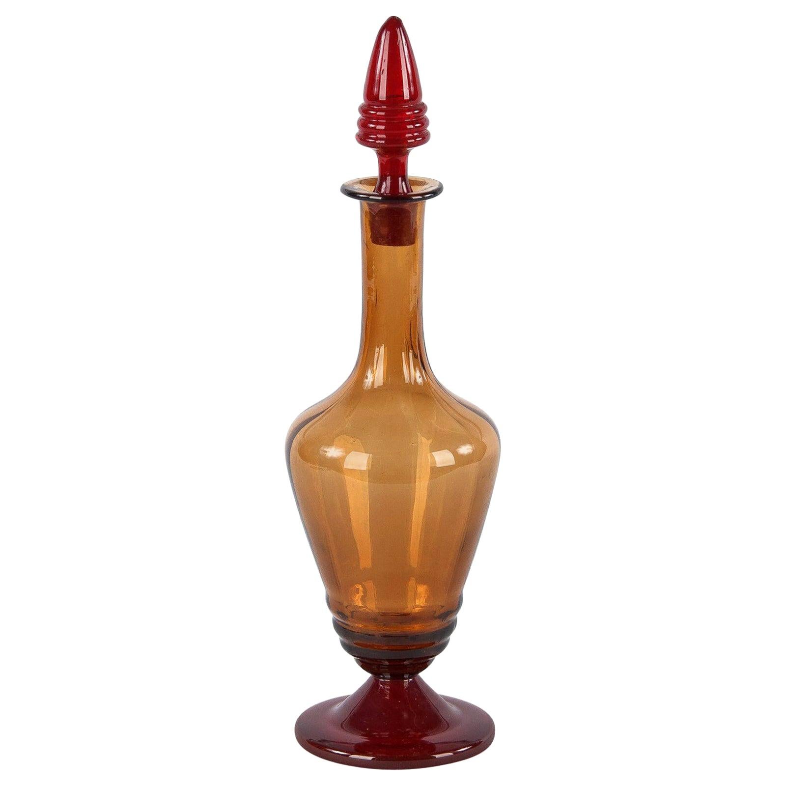 French Art Deco Red and Amber Glass Decanter, 1940s