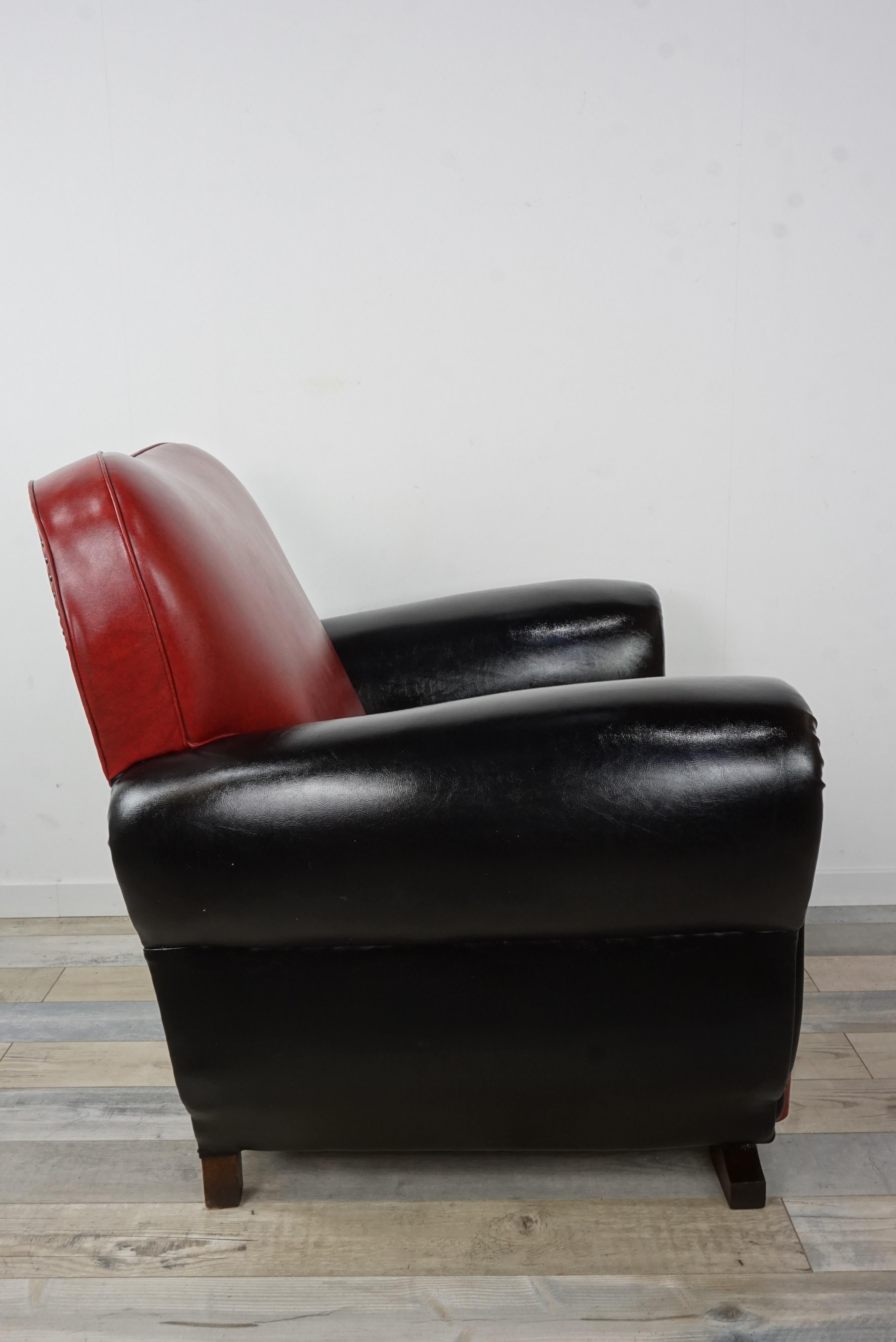 French Art Deco Red and Black Faux Leather Club Armchair 5